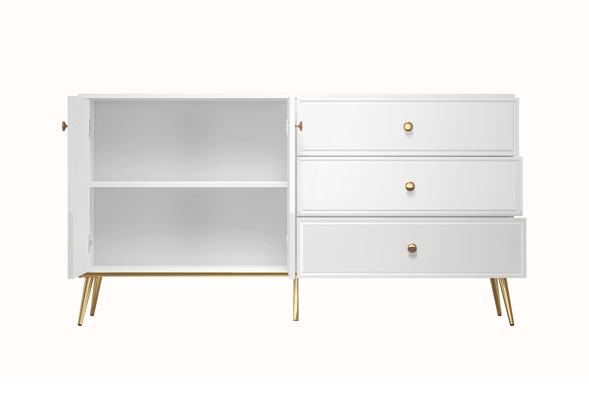 Komoda Riomi 04 so zásuvkami 160 cm s kovovými nožičkami - biely lesk / zlaté nožičky Biela Komoda ze zlotymi uchwytami