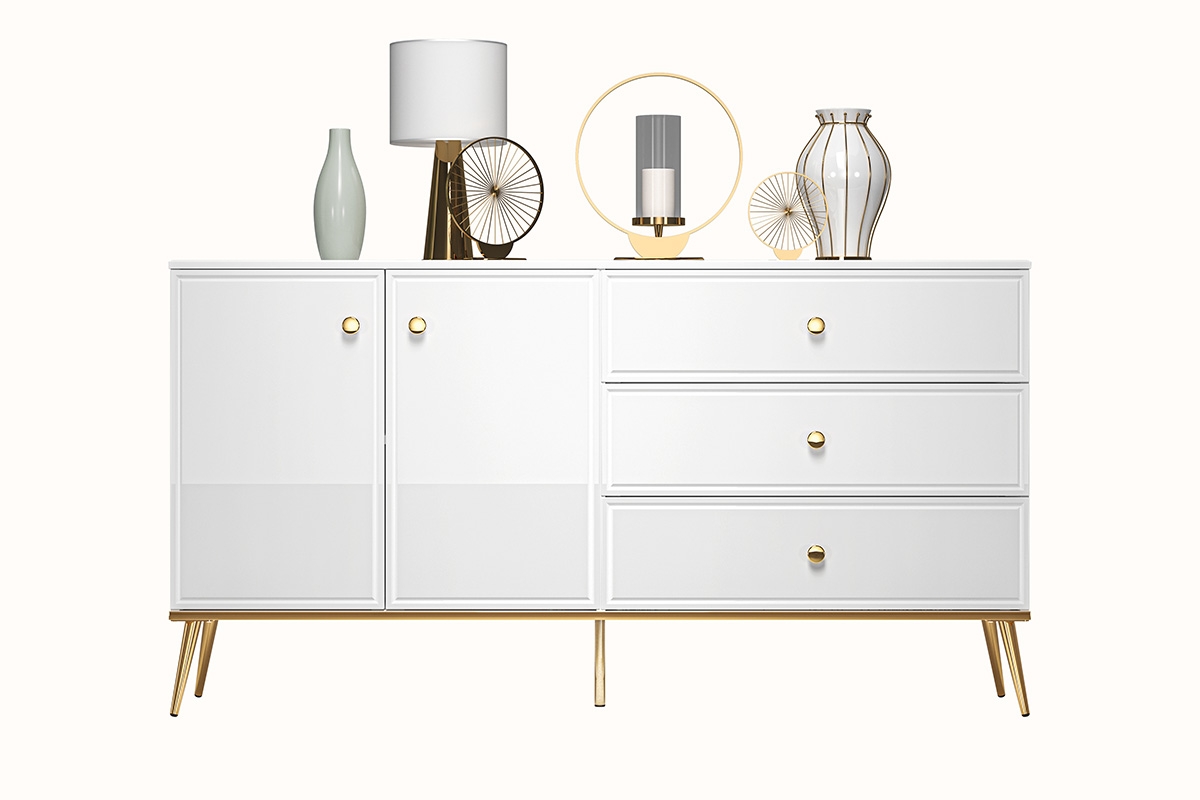 Komoda Riomi 04 so zásuvkami 160 cm s kovovými nožičkami - biely lesk / zlaté nožičky Biela Komoda na zlotych nogach