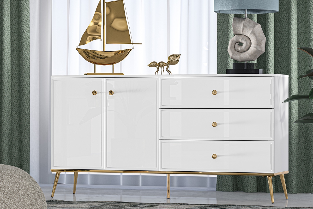 Komoda Riomi 04 so zásuvkami 160 cm s kovovými nožičkami - biely lesk / zlaté nožičky Biela Komoda glamour