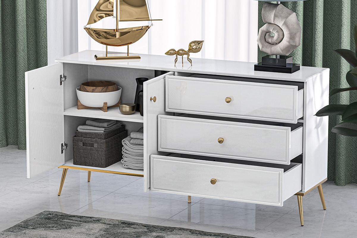 Komoda Riomi 04 so zásuvkami 160 cm s kovovými nožičkami - biely lesk / zlaté nožičky Biela Komoda w polysku