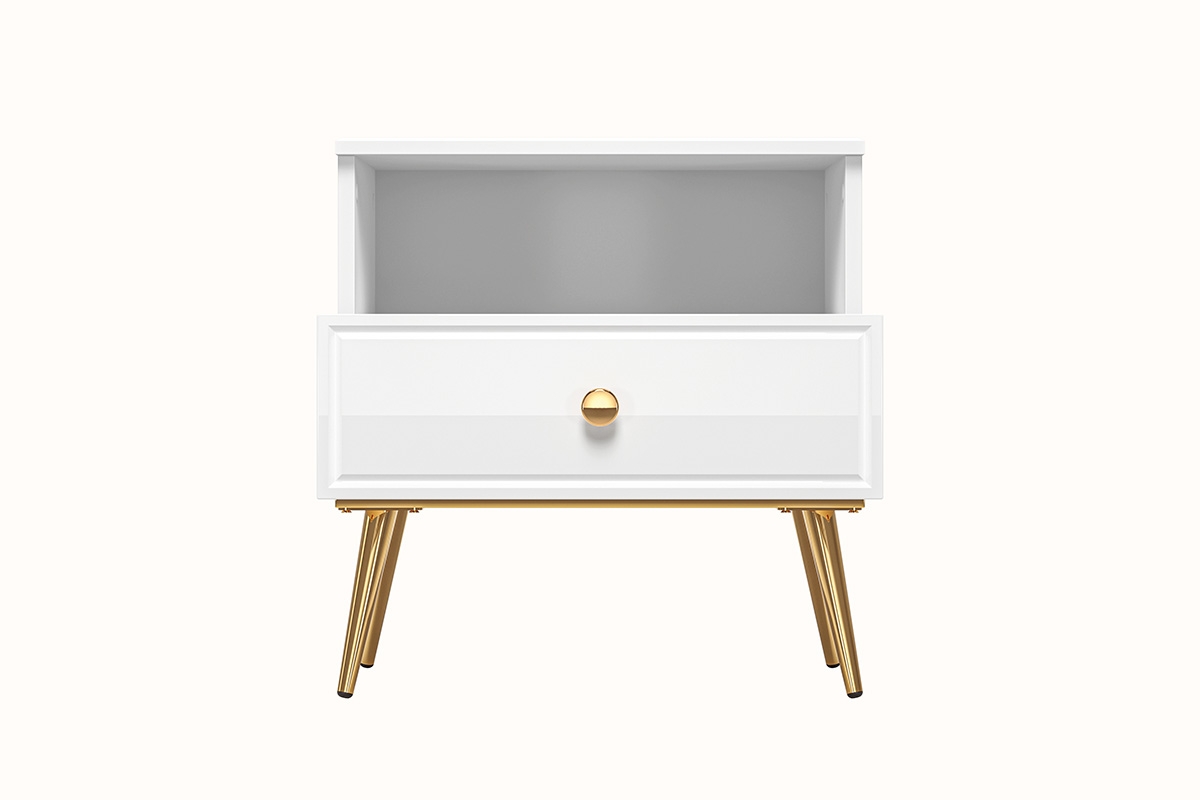 Nočný stolík Riomi 07 50 cm s kovovými nožičkami - biely lesk / zlaté nožičky Biela Nočný Stolík na zlotych nozkach