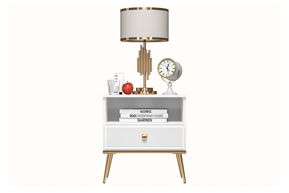 Nočný stolík Riomi 07 50 cm s kovovými nožičkami - biely lesk / zlaté nožičky Biela Skrinka do spálne