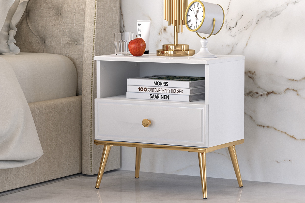 Nočný stolík Riomi 07 50 cm s kovovými nožičkami - biely lesk / zlaté nožičky Biela Nočný Stolík z szuflada