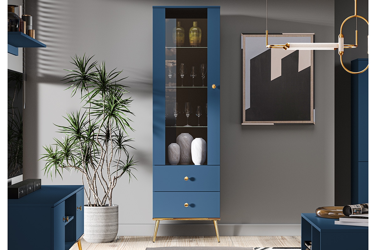 Vitrína Naemo 01 presklená 55 cm - blankyt tmavý / zlaté nožičky modrá Vitrína na zlotych nogach