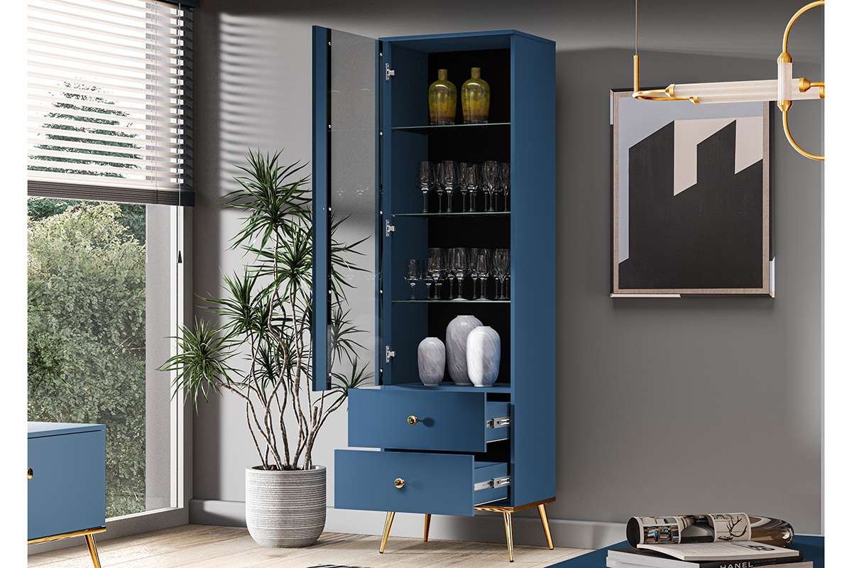 Vitrína Naemo 01 presklená 55 cm - blankyt tmavý / zlaté nožičky Granátová Vitrína ze zlotymi uchwytami