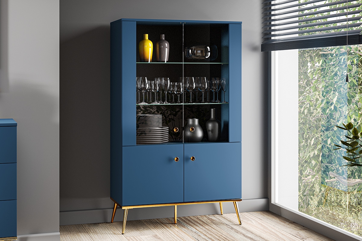 Vitrína presklená štvordverová Naemo 02 - Blankyt tmavý / zlaté modrá podswietlona Vitrína