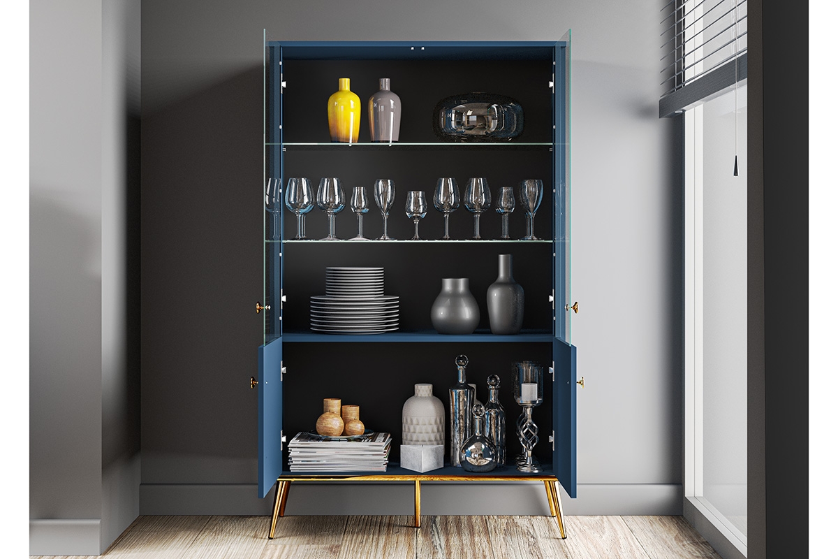 Vitrína presklená štvordverová Naemo 02 - Blankyt tmavý / zlaté Granátová Vitrína