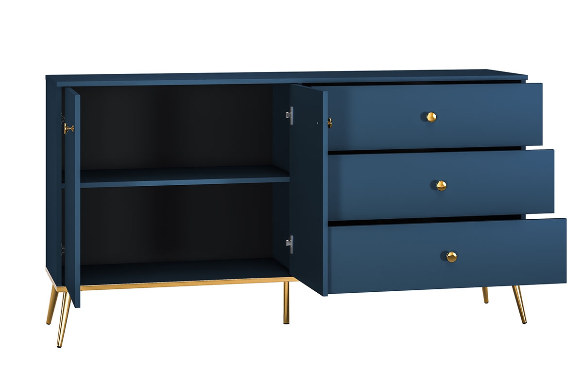 Komoda dvojdverová Naemo 03 s tromi zásuvkami  - Blankyt tmavý / zlaté Granátová Komoda .