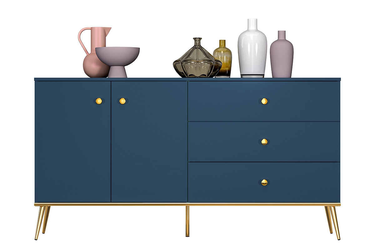 Komoda dvojdverová Naemo 03 s tromi zásuvkami  - Blankyt tmavý / zlaté Granátová Komoda na zlotych nogach