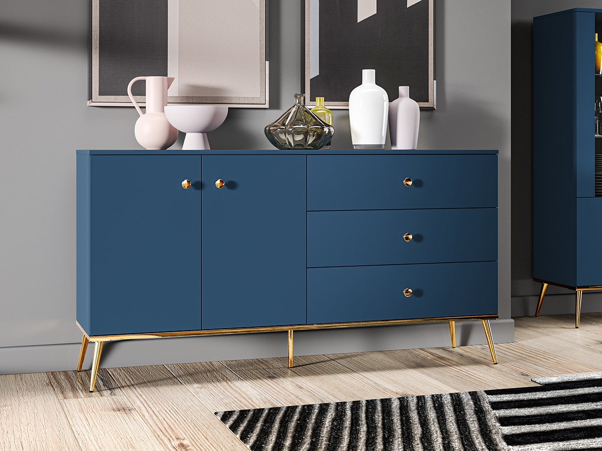 Komoda dvojdverová Naemo 03 s tromi zásuvkami  - Blankyt tmavý / zlaté Modré Nábytok .