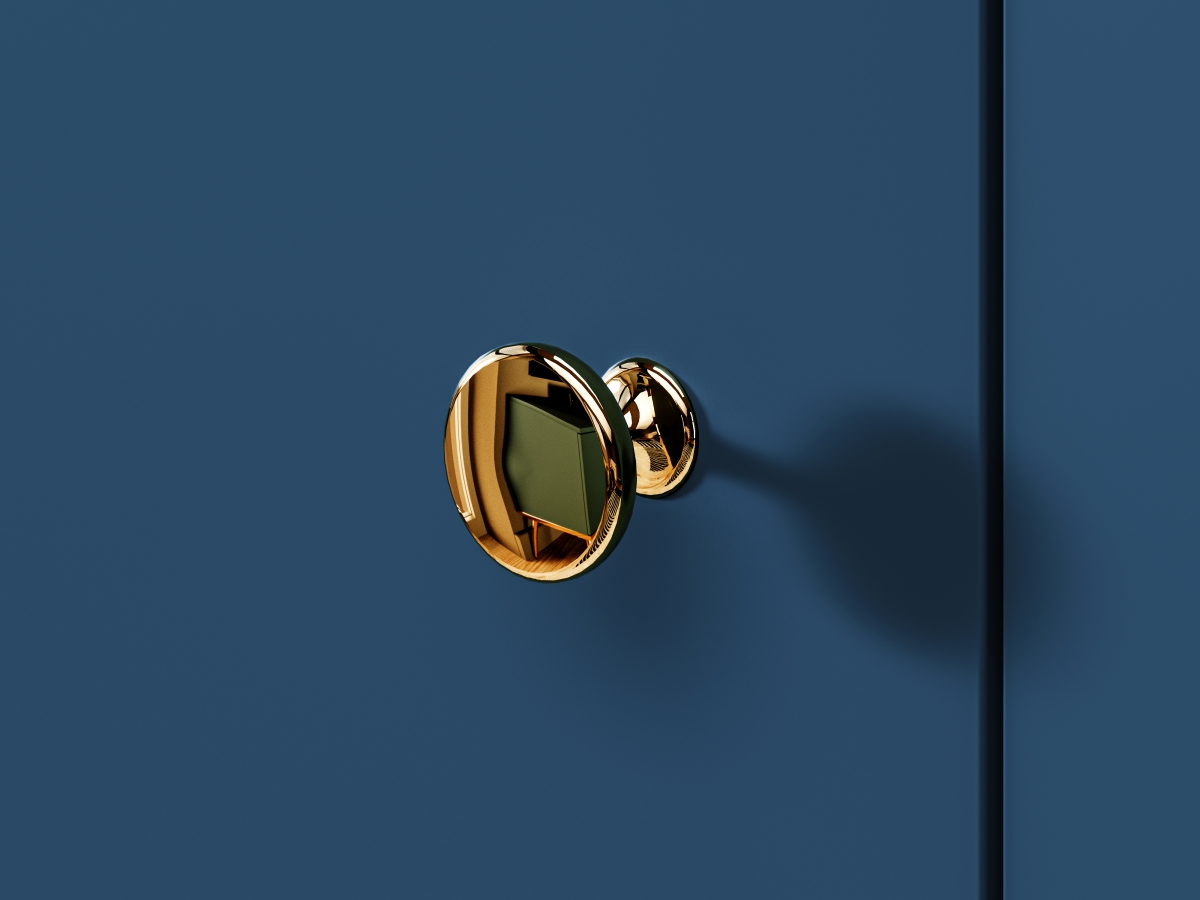 Komoda s tromi zásuvkami Naemo 04 - Blankyt tmavý / zlaté Komoda ze zlotymi uchwytami