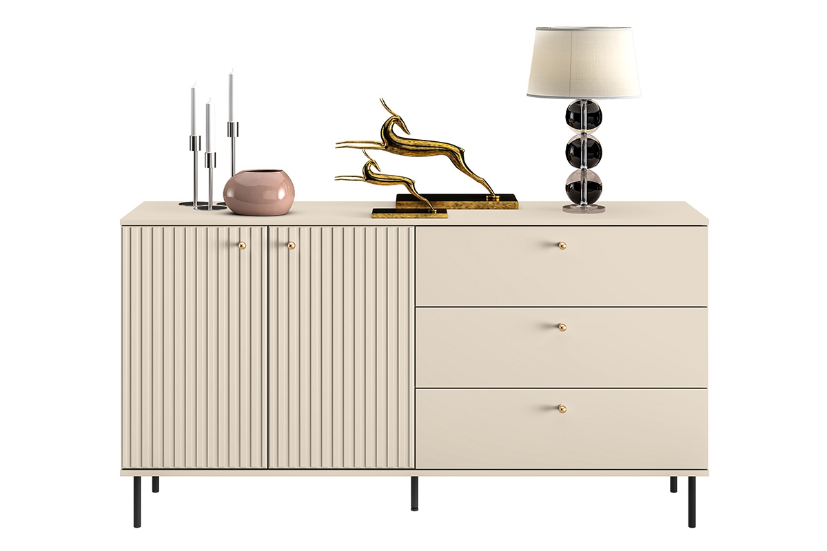 Komoda Jamuzi 160 cm se zásuvkami - kašmír / černé nožky Komoda s frézovaným čelem