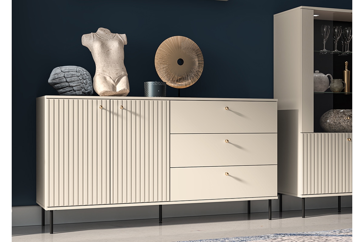 Komoda Jamuzi 160 cm se zásuvkami - kašmír / černé nožky Béžová Komoda na czarnych nogach