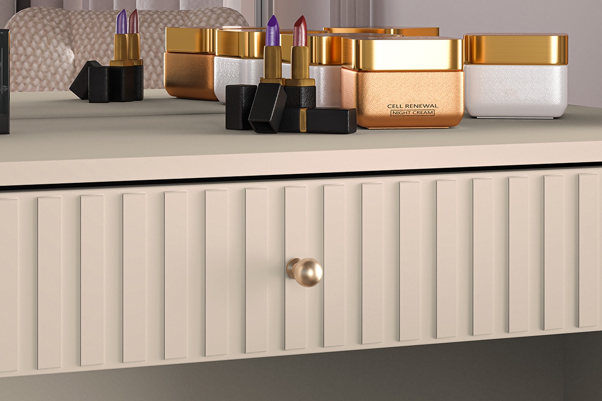 Toaletní stolek Jamuzi 92 cm - kašmírová / černé nožky Toaletní stolek se zásuvkou Sophie 08 i ryflowanym frontem - kašmír / černé nožky - Podstavec uchwyt