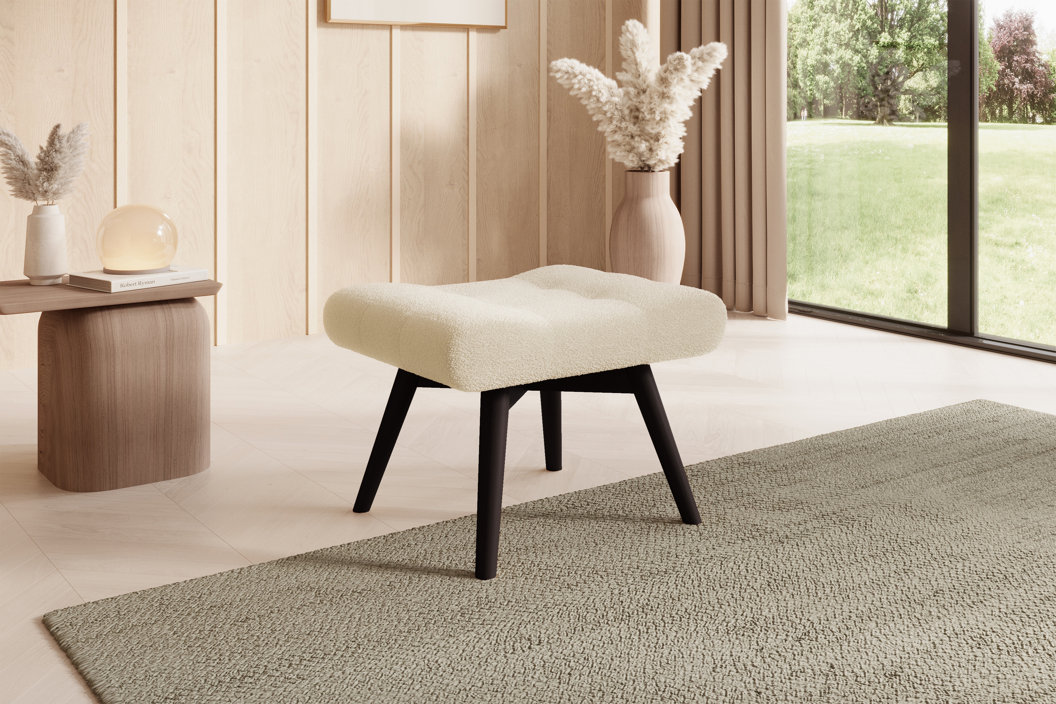 Taburet prošívaný Nordic - béžová boucle Lambi 8 / nožky wenge Taburet prošívaná Ušák Skandynawski Nordic - béžová boucle Lambi 8 / wenge 