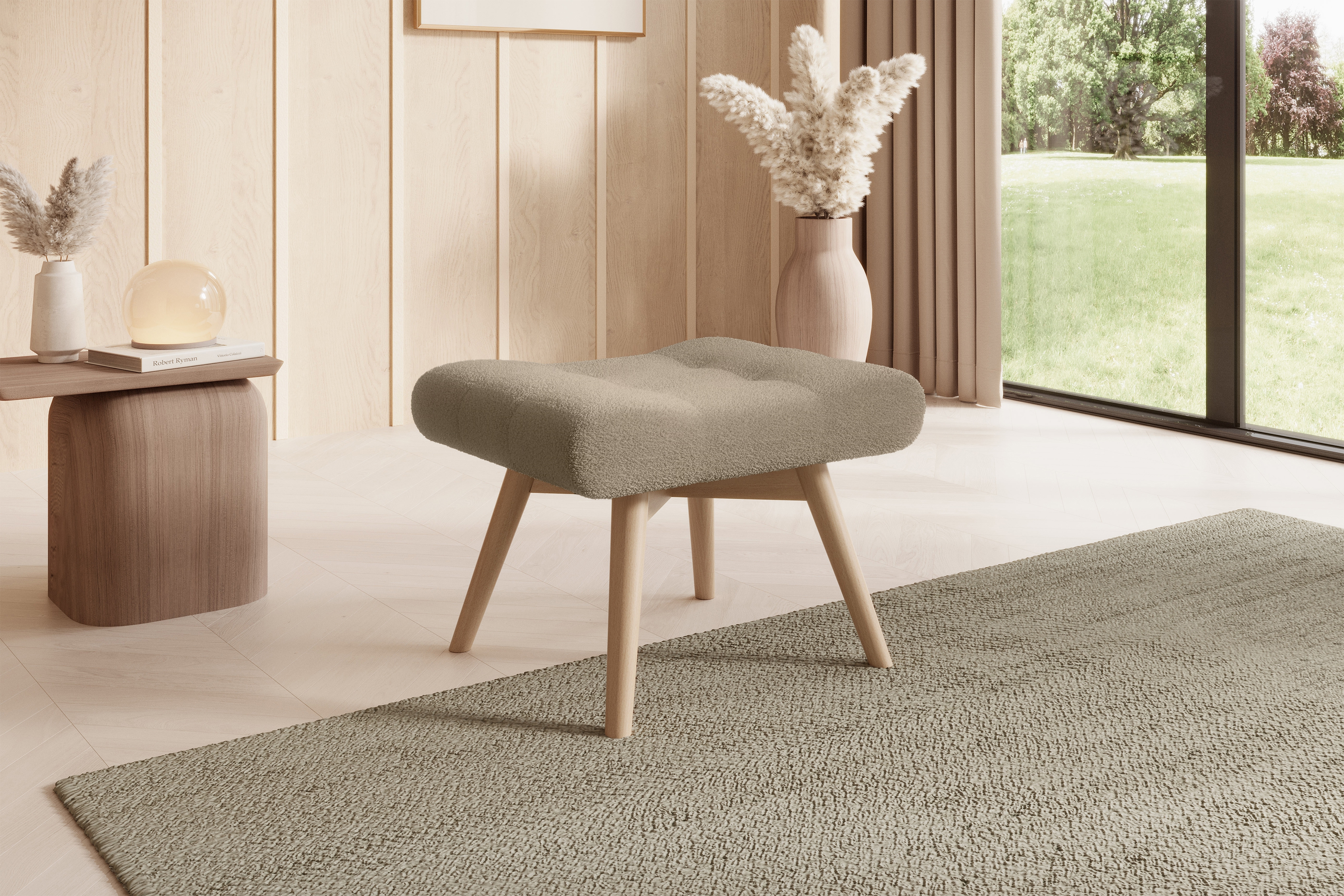 Taburet prešívaná Ušiak Škandinávsky Nordic - ciemno Béžová boucle Lambi 6 / buk  Taburet prešívaná Ušiak Škandinávsky Nordic - ciemno Béžová boucle Lambi 6 / buk 