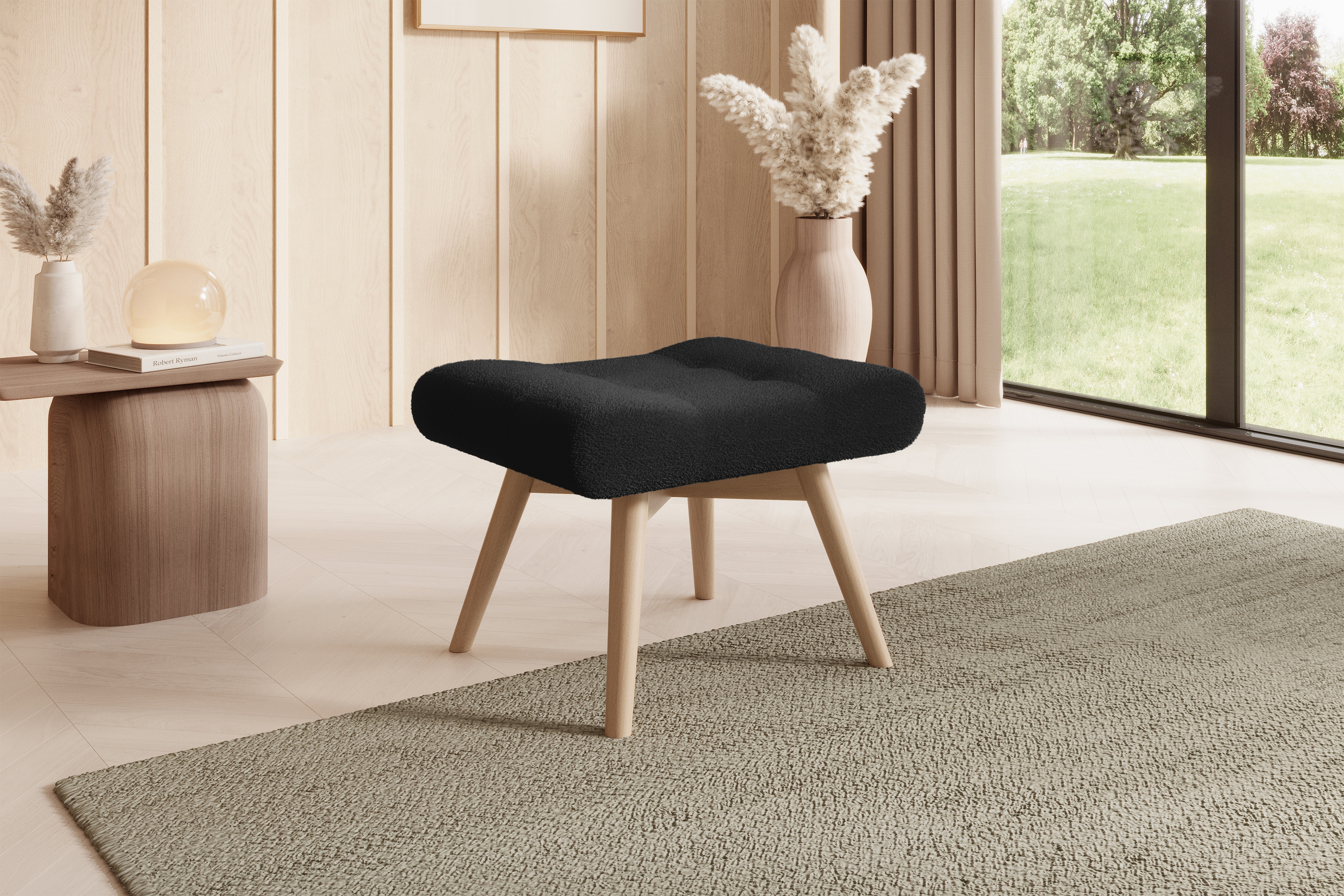 Taburet prošívaný Nordic - černá boucle Lambi 13 / nožky buk Taburet prošívaná Ušák Skandynawski Nordic - černá boucle Lambi 13 / buk 