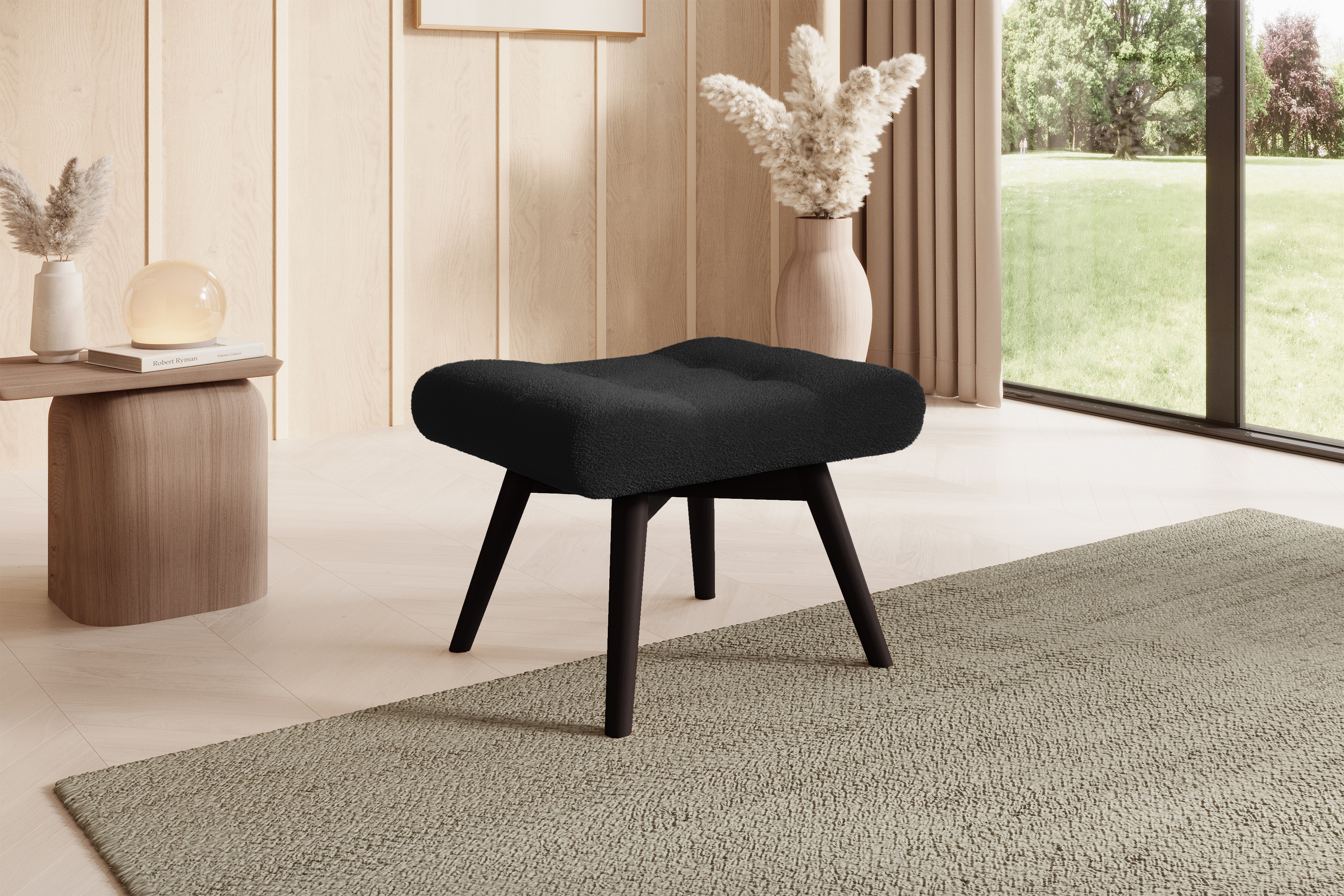 Taburet prešívaná Ušiak Škandinávsky Nordic - Čierna boucle Lambi 13 / Venge  Taburet prešívaná Ušiak Škandinávsky Nordic - Čierna boucle Lambi 13 / Venge 