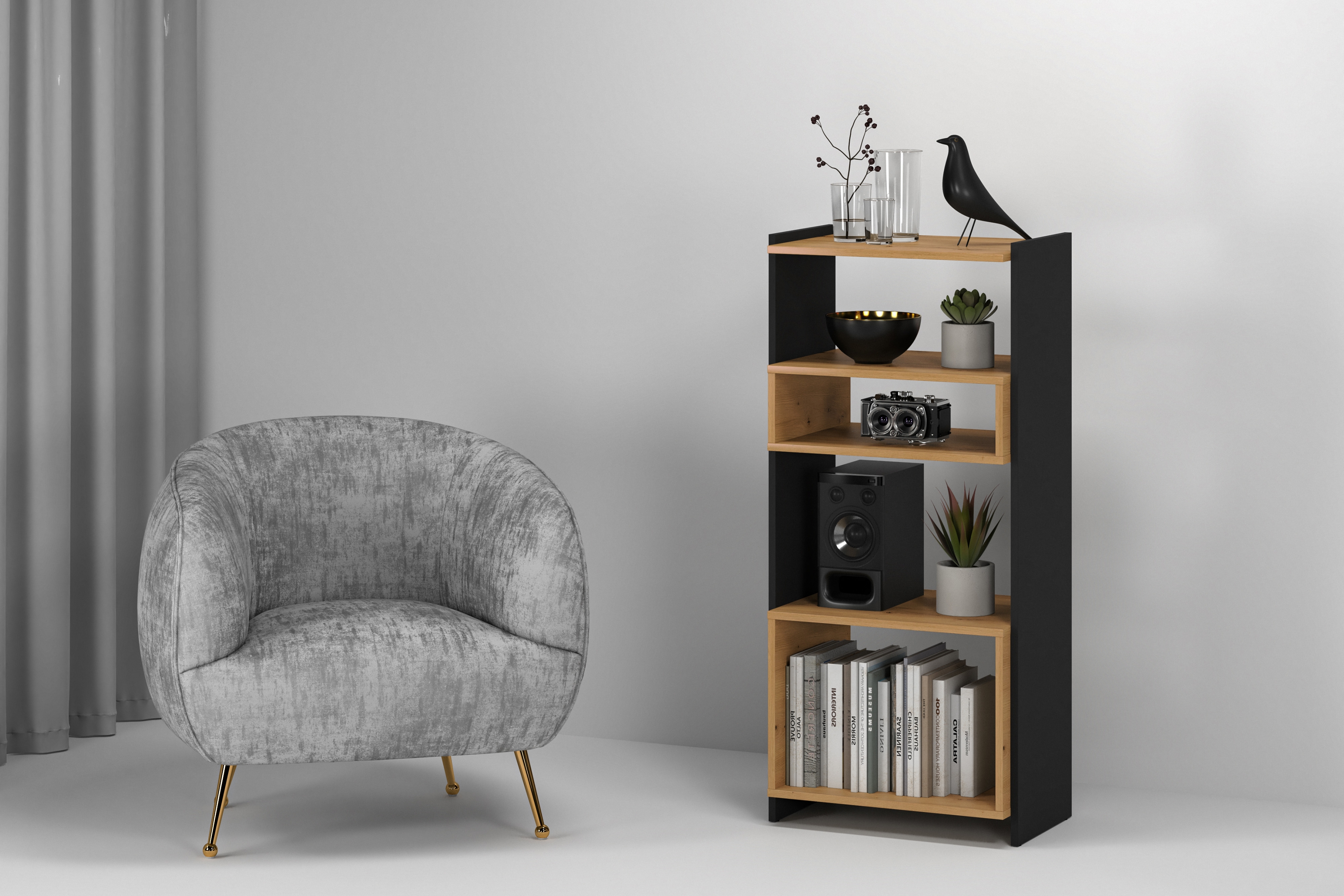 Regál Danli 55 cm - dub artisan / černá Regál Danli 05 - 55 cm - Dub artisan / Černý