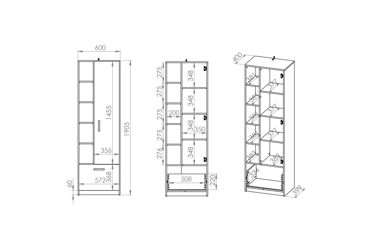 Regál Makat 03 jednodverový so zásuvkou Regál s výklenkommi