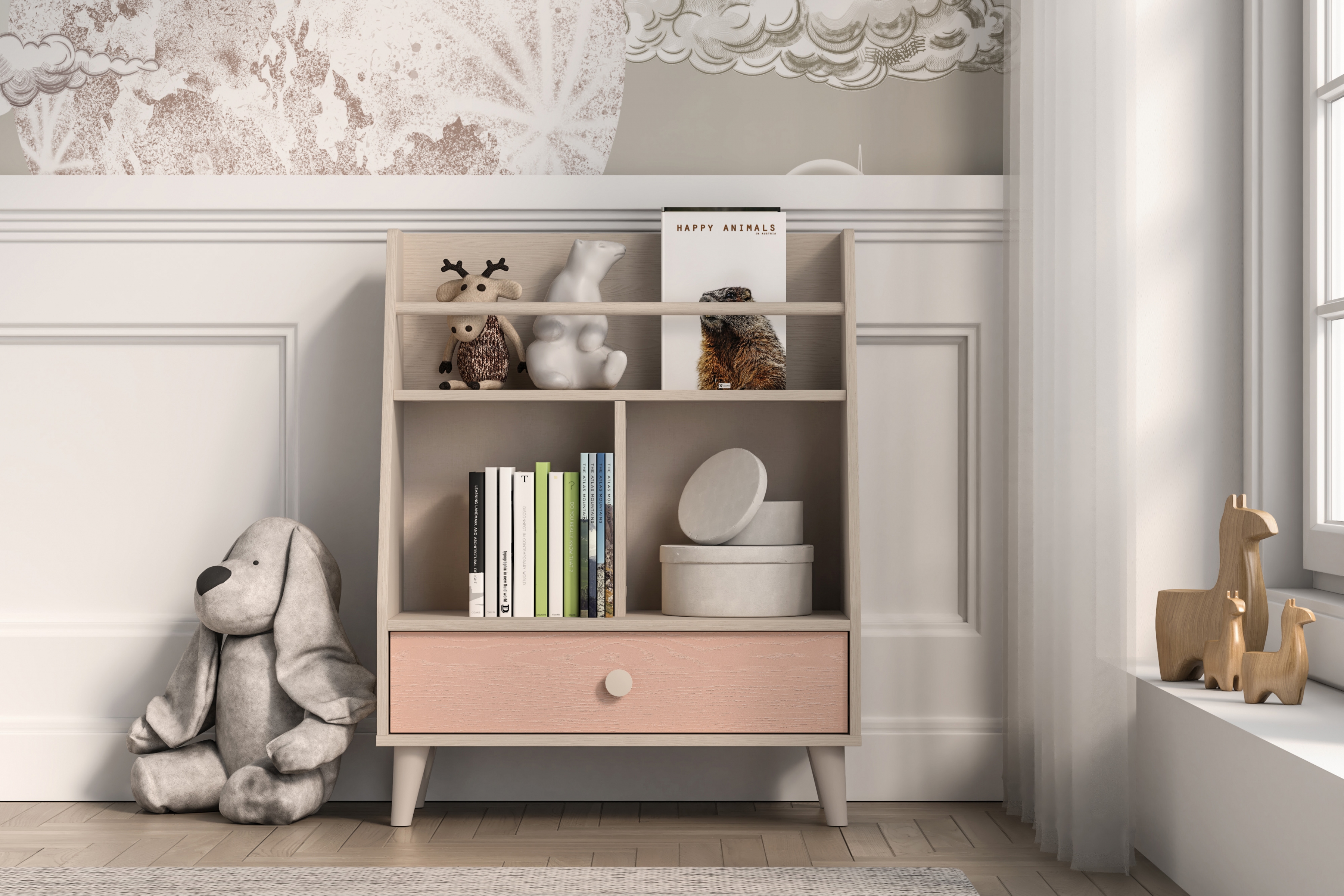 Dětský regál Marla 72 cm - pouštní písek / růžová Regál Marla 72 cm - piasek pustyni / millenial pink