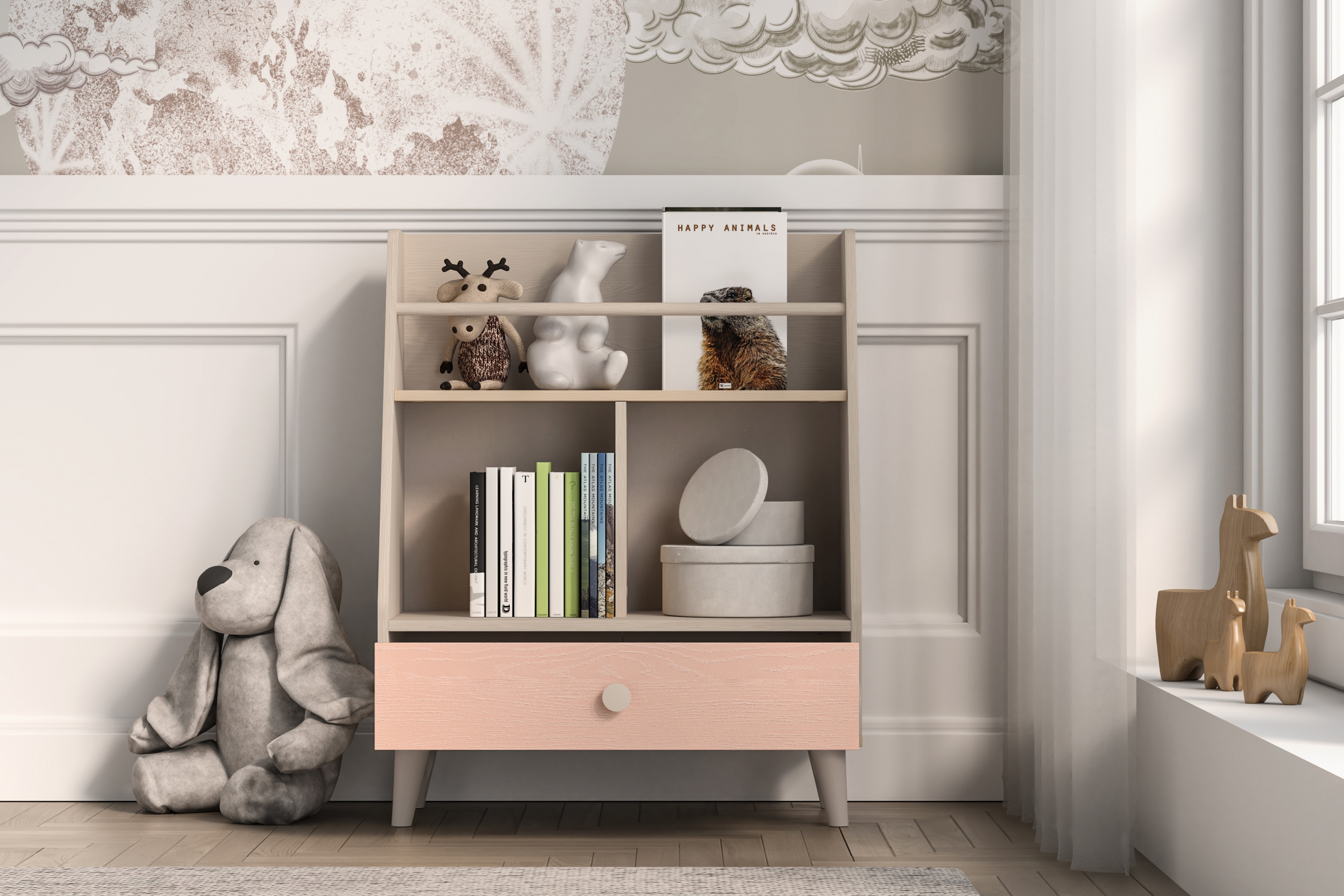 Dětský regál Marla 72 cm - pouštní písek / růžová Regál Marla 72 cm - piasek pustyni / millenial pink