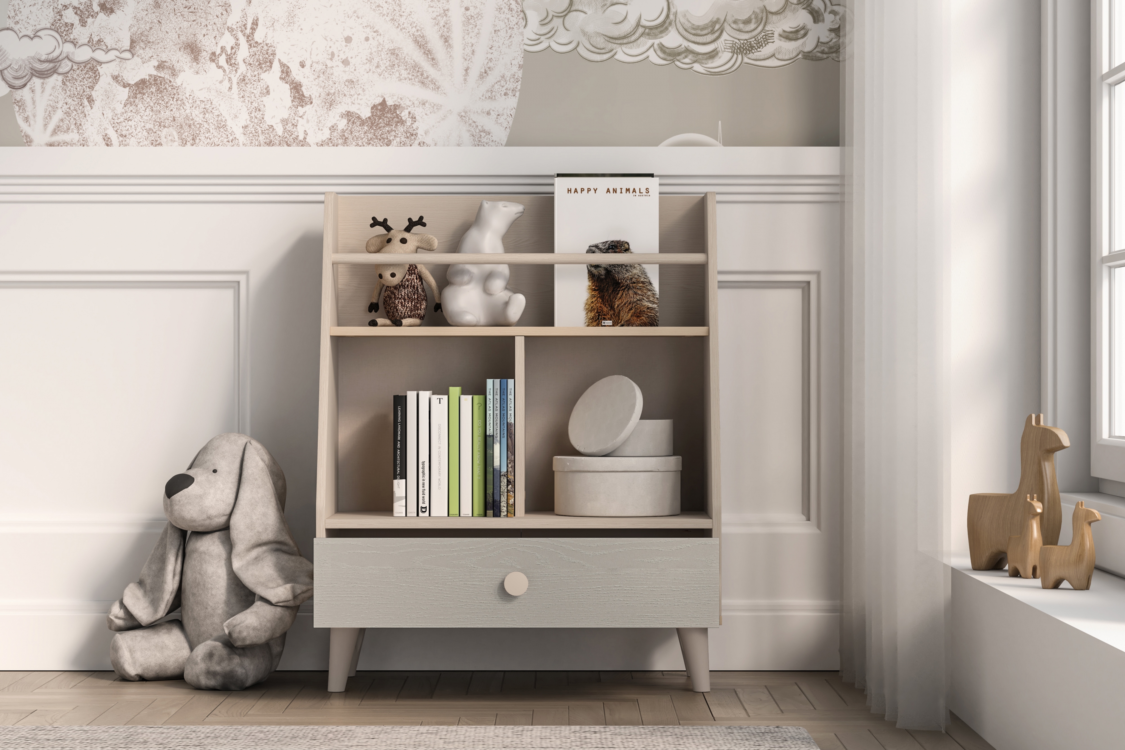 Dětský regál Marla 72 cm - pouštní písek / šedá pallad Regál Marla 72 cm - piasek pustyni / šedá pallad