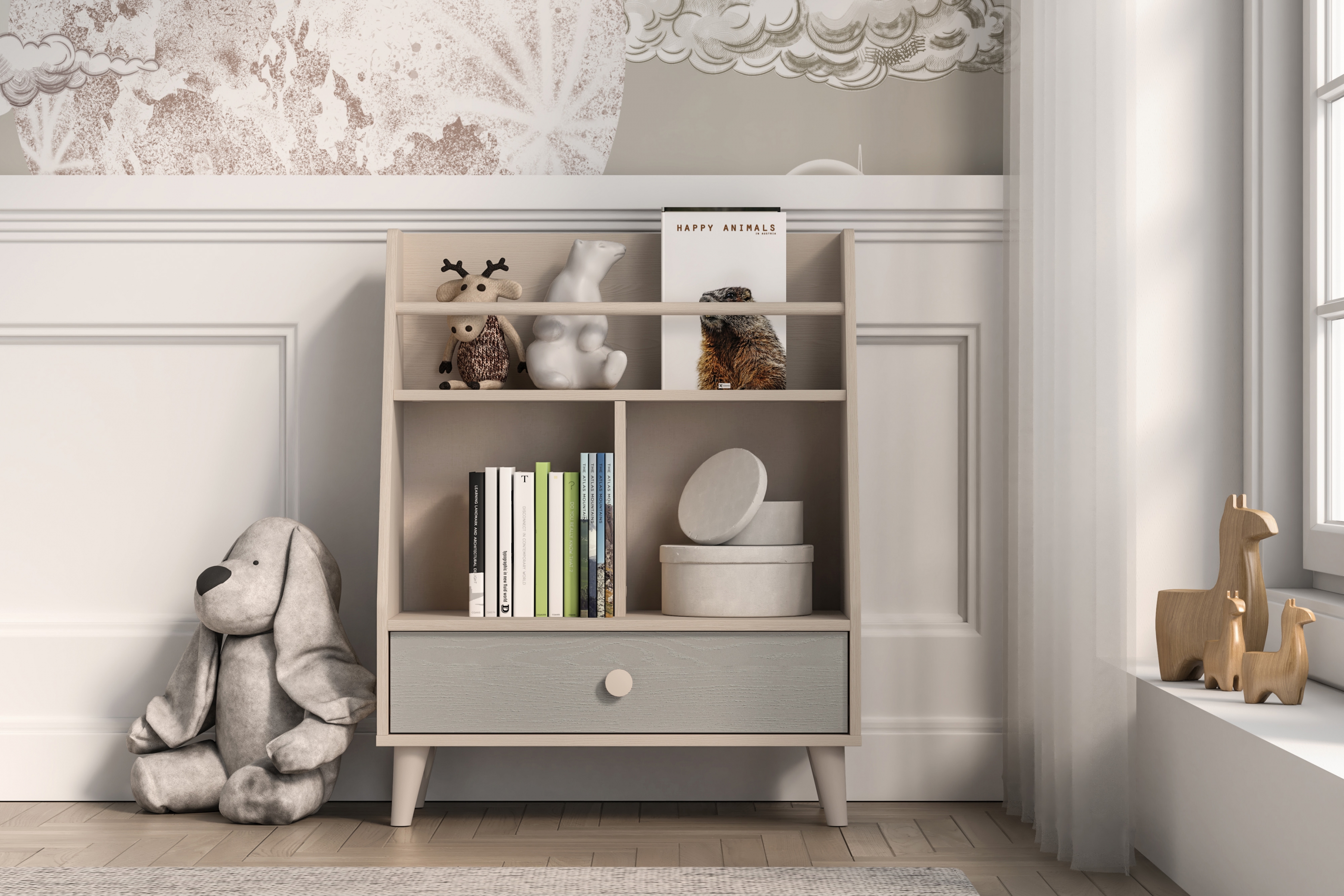 Dětský regál Marla 72 cm - pouštní písek / šedá pallad Regál Marla 72 cm - piasek pustyni / šedá pallad