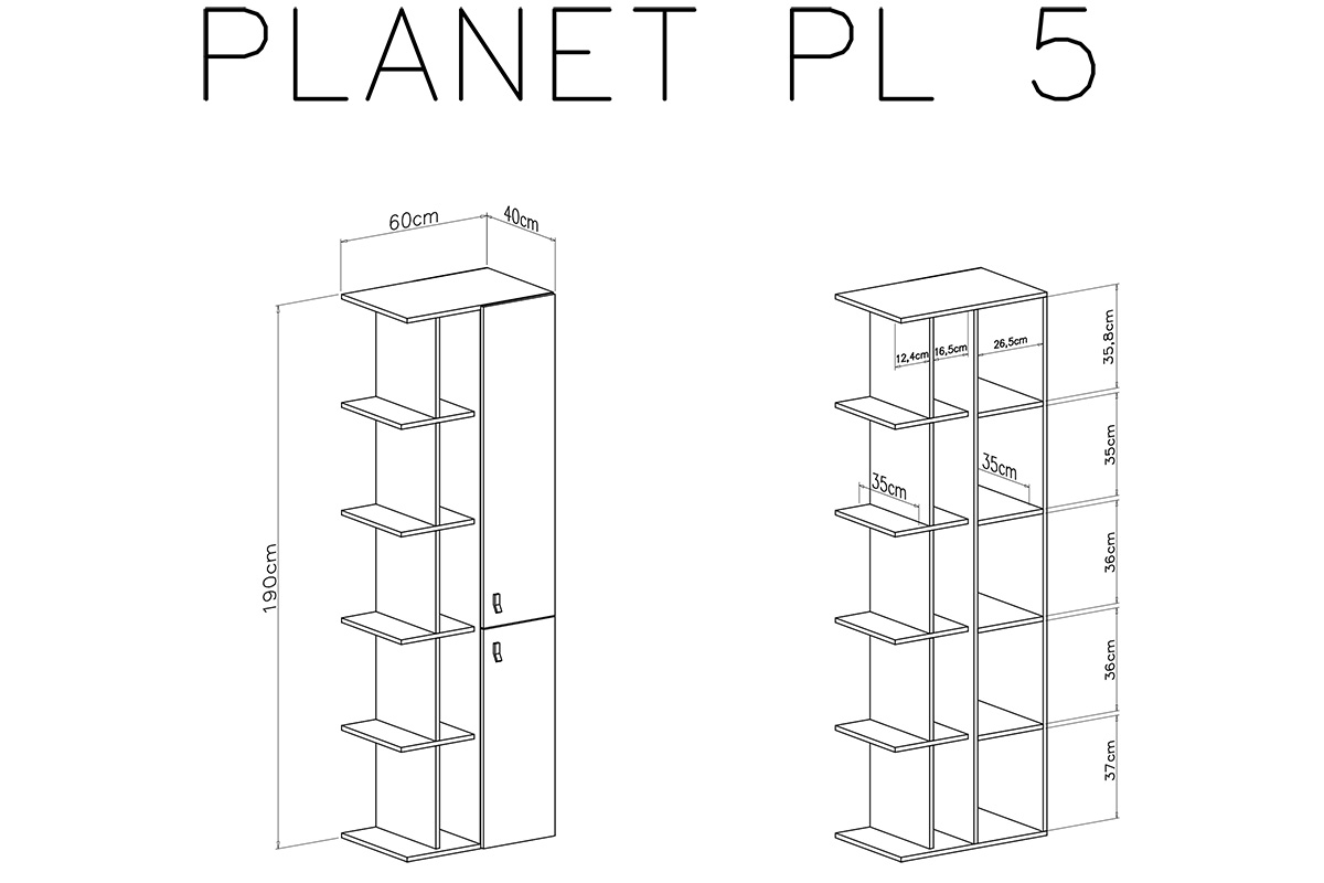 Regál Planet 5 - biely lux / Dub / Morský Regál Pre mladých Planet 5 - Biely lux / Dub / Morský - schemat