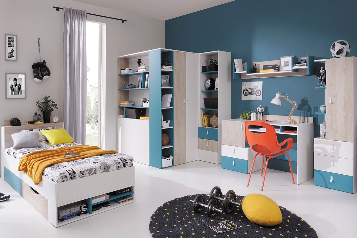 Regál Planet 5 - biely lux / Dub / Morský Nábytok do izby pre mládežgo