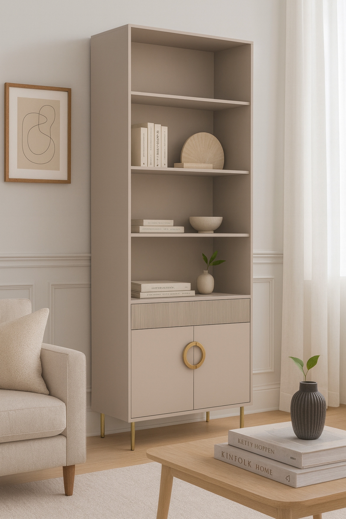 Regál Nubo 100 cm se zásuvkou - kašmírová / zlaté nožky Regál Nubo 100 cm podwojny z szuflada - kašmír / zlatá