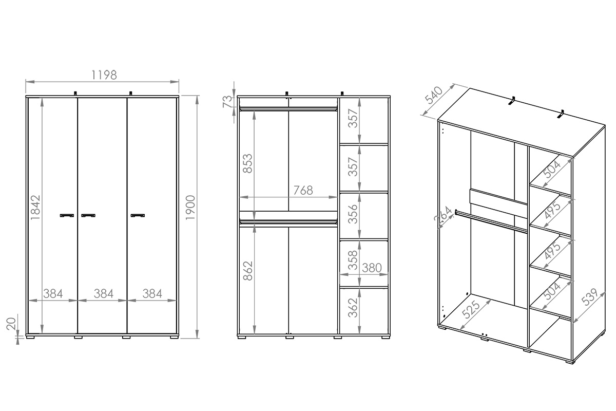 Skriňa trojdverová Kawana 01 do izby nastolatka - Čierny / craft zlaté / oceľ premium Skriňa trojdverová Colt 01 do izby nastolatka - Čierny / craft zlaté / oceľ premium - Rozmery