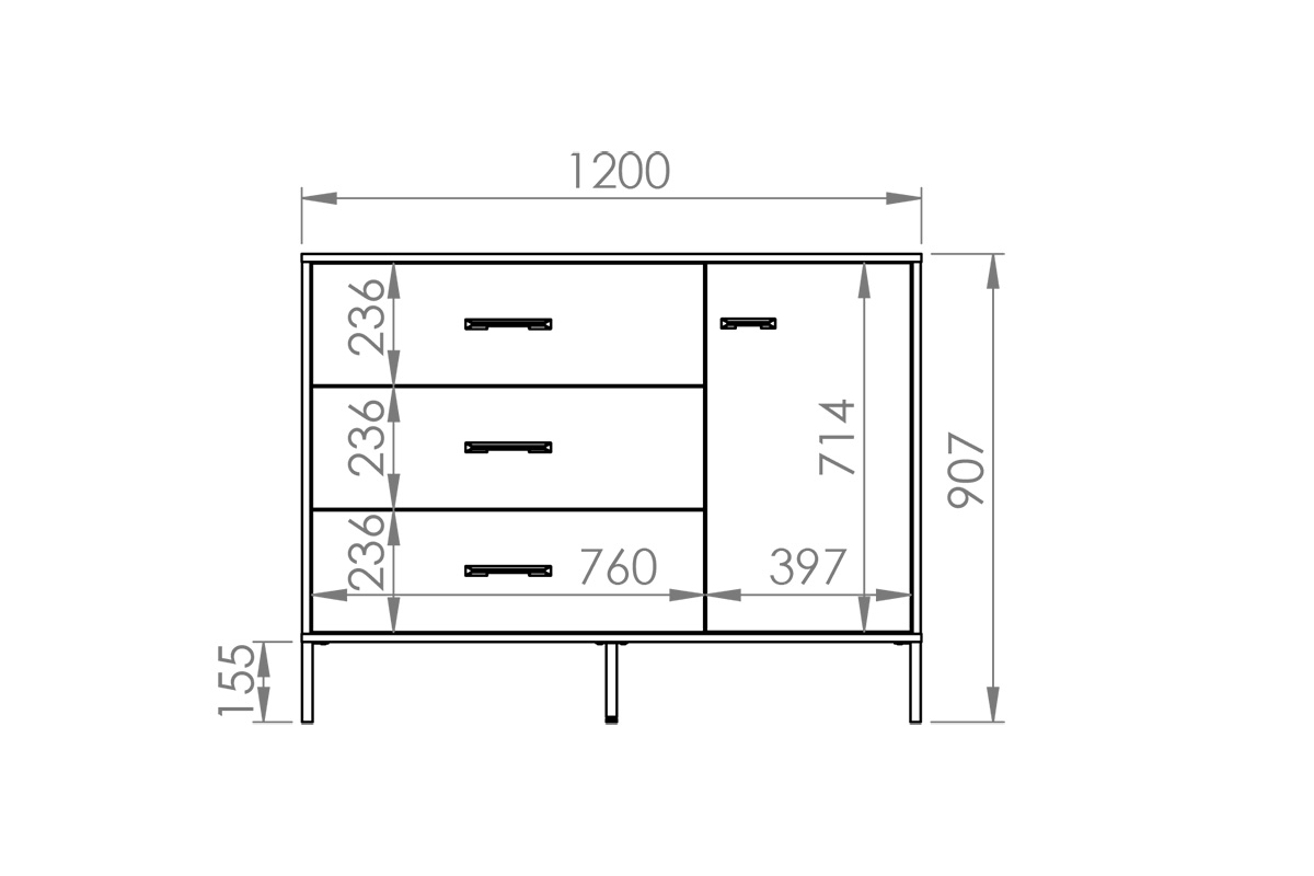Komoda so zásuvkami Kawana 06 na kovových nohách - Čierny / craft zlaté / oceľ premium Komoda so zásuvkami Colt 06 na kovových nohách - Čierny / craft zlaté / oceľ premium - Rozmery