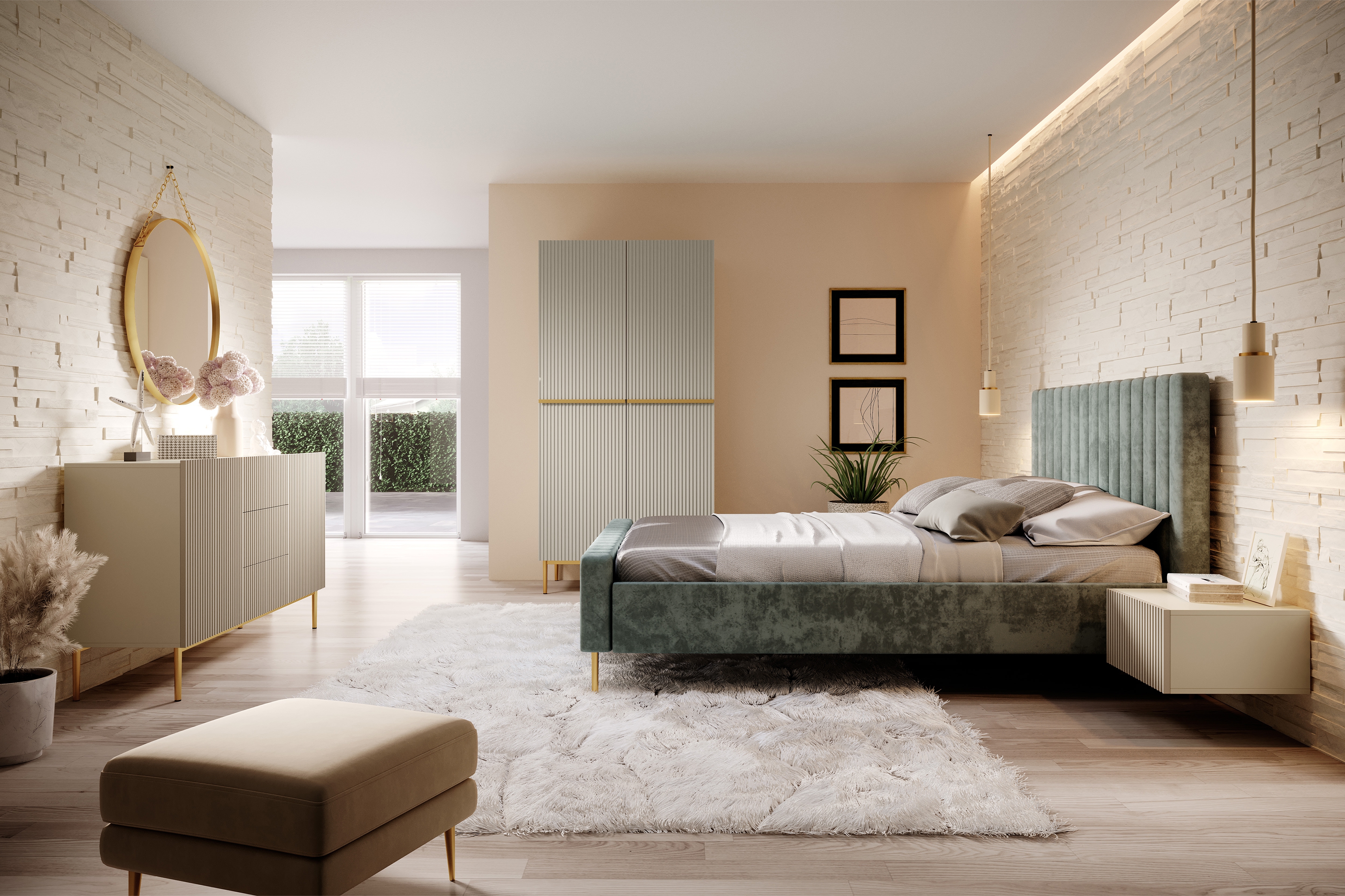 Skriňa Nicole s kovovými nohami 100 cm - kašmírová / zlaté nožičky Safa Nicole 100 cm z metalowymi nogami i uchwytami - kašmír / zlote nozki