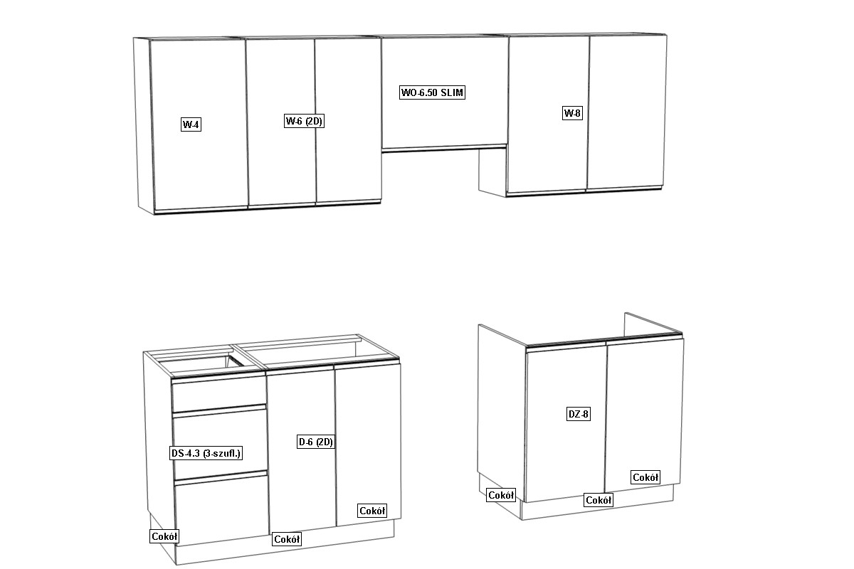 Kuchyňská sestava Lamja Design 1,8/2,4 m Schemat szafek zestawu Lamja 1,8/2,4m 