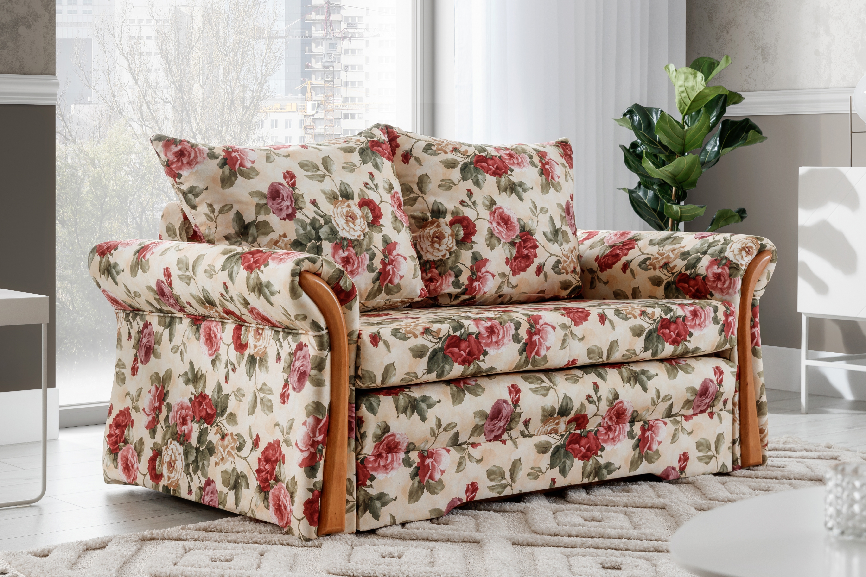 Rozkladacia dvojpohovka Milen - vzor Coral 82 / jelša Pohovka pre 2 osoby Milen s funkciou spánku - látka wzor Coral 82 / Jelša