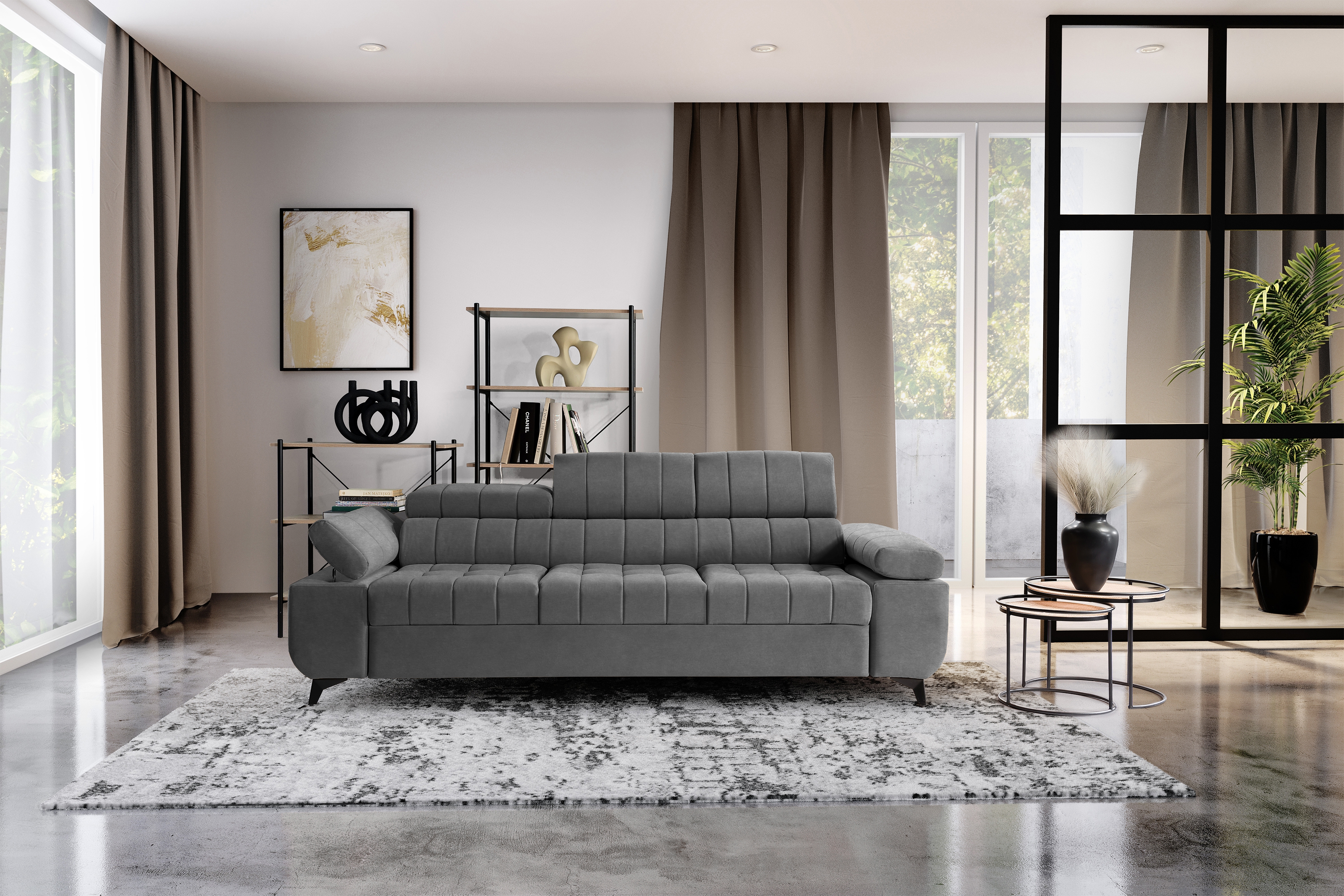 Rozkládací pohovka Dragonis do obývacího pokoje - šedý snadno čistitelný samet Zetta 304 Pohovka rozkladana pro obývacího pokoje Dragonis - šedá welwet latwoczyszczacy Zetta 304