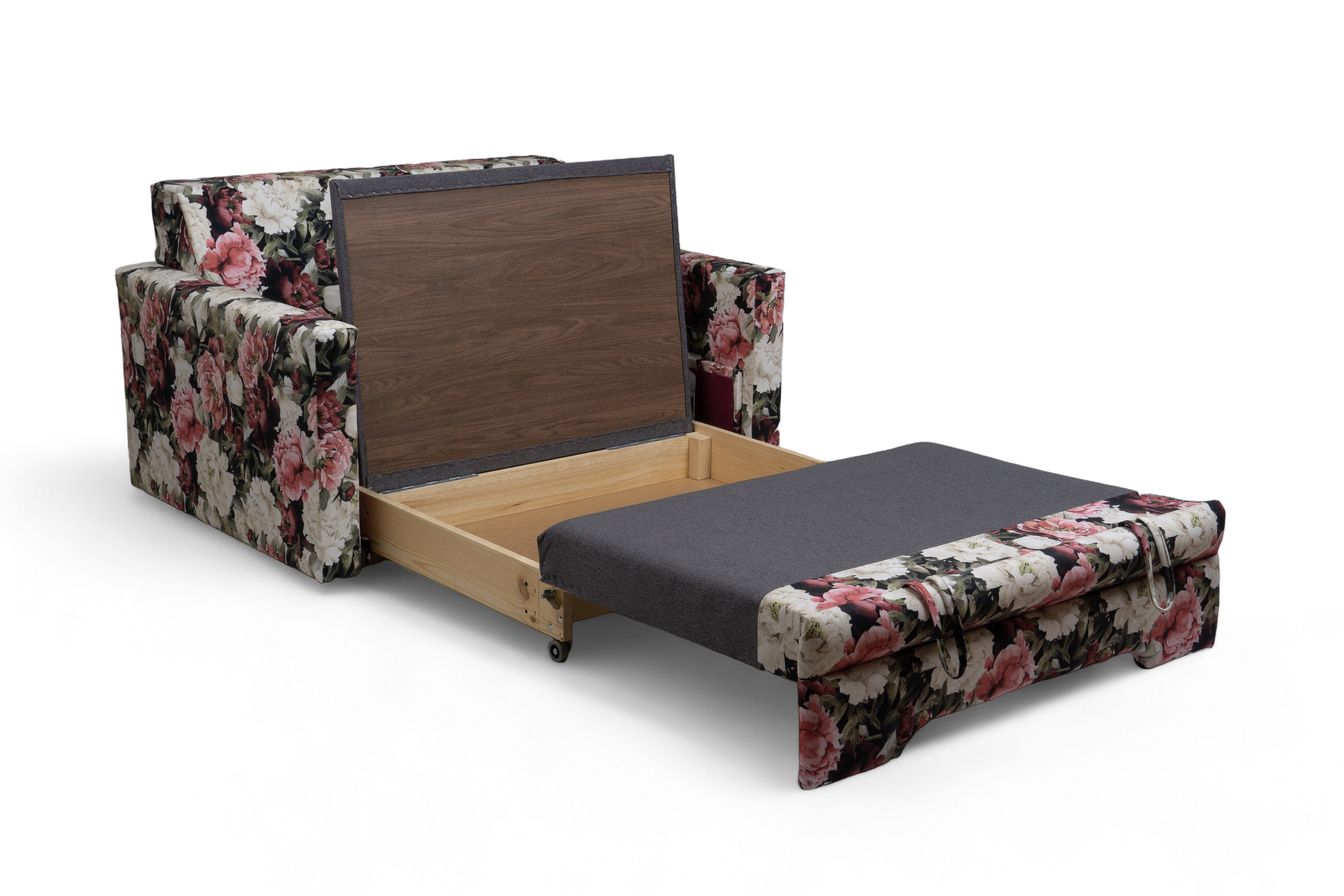 Dvoumístná rozkládací pohovka Anafia - květinový vzor Soft Piwonie 01 Pohovka rozkladana dvoumístná s úložným prostorem Anafia - potahová látka drukowana Soft Piwonie 01