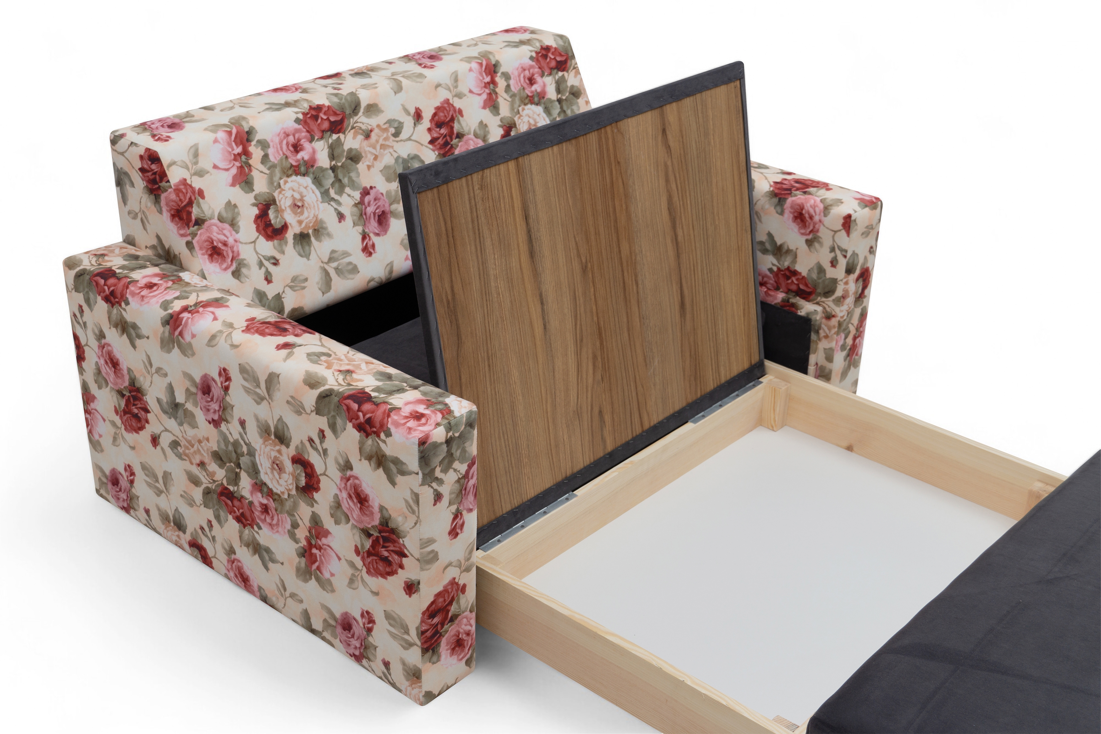 Rozkladacia dvojpohovka Anafia s úložným priestorom - kvetinový vzor Coral WM 82 Pohovka rozkladana pre 2 osoby s úložným priestorom Anafia - látka drukowana kvetinový vzor Coral WM 82