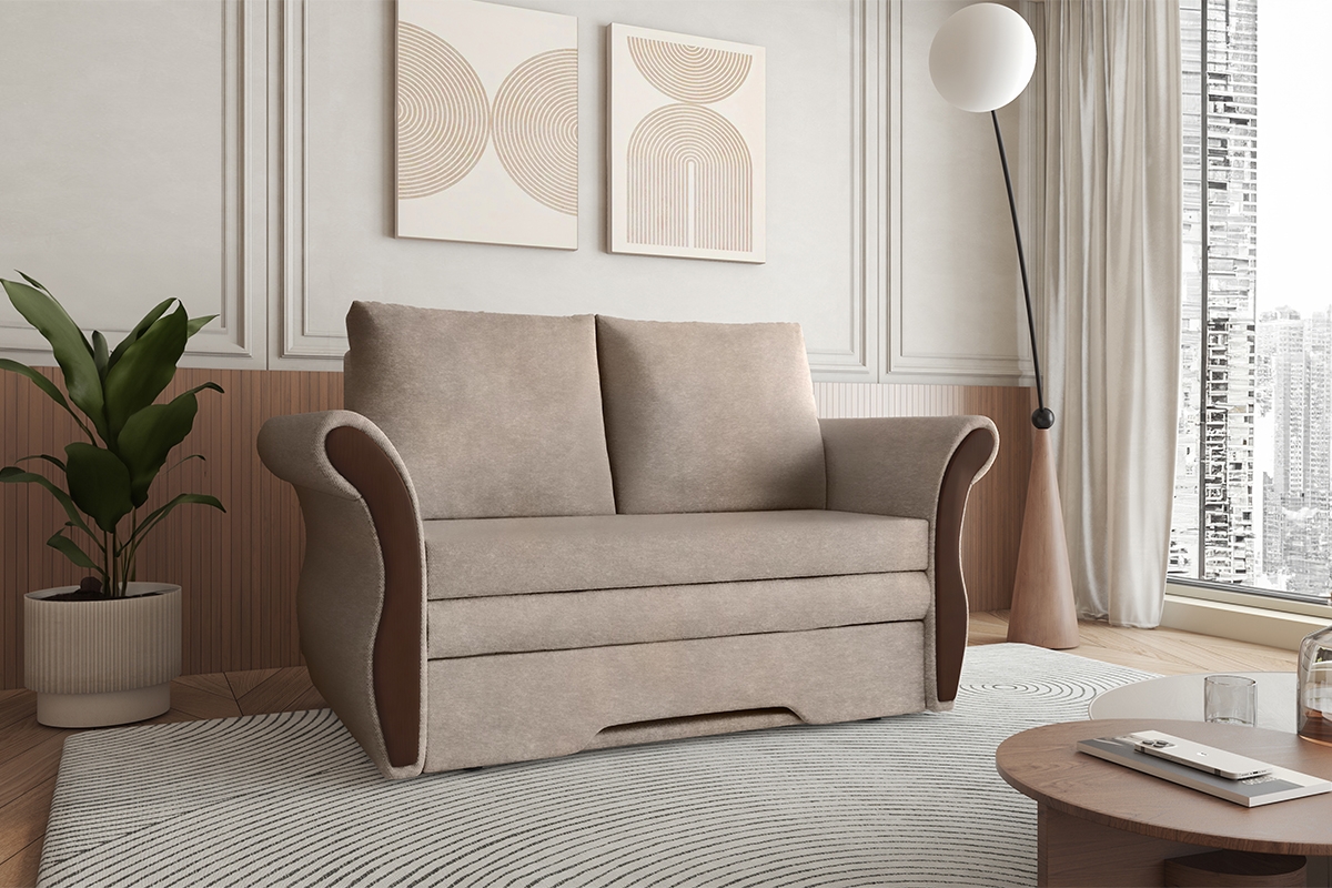 Rozkladacia dvojpohovka Arlita s úložným priestorom - béžový menčester Zetta 292 / orech Gauč rozkladana pre 2 osoby s úložným priestorom Arlita - béžový welwet ľahkočistiaci Zetta 292 / sredni Orech