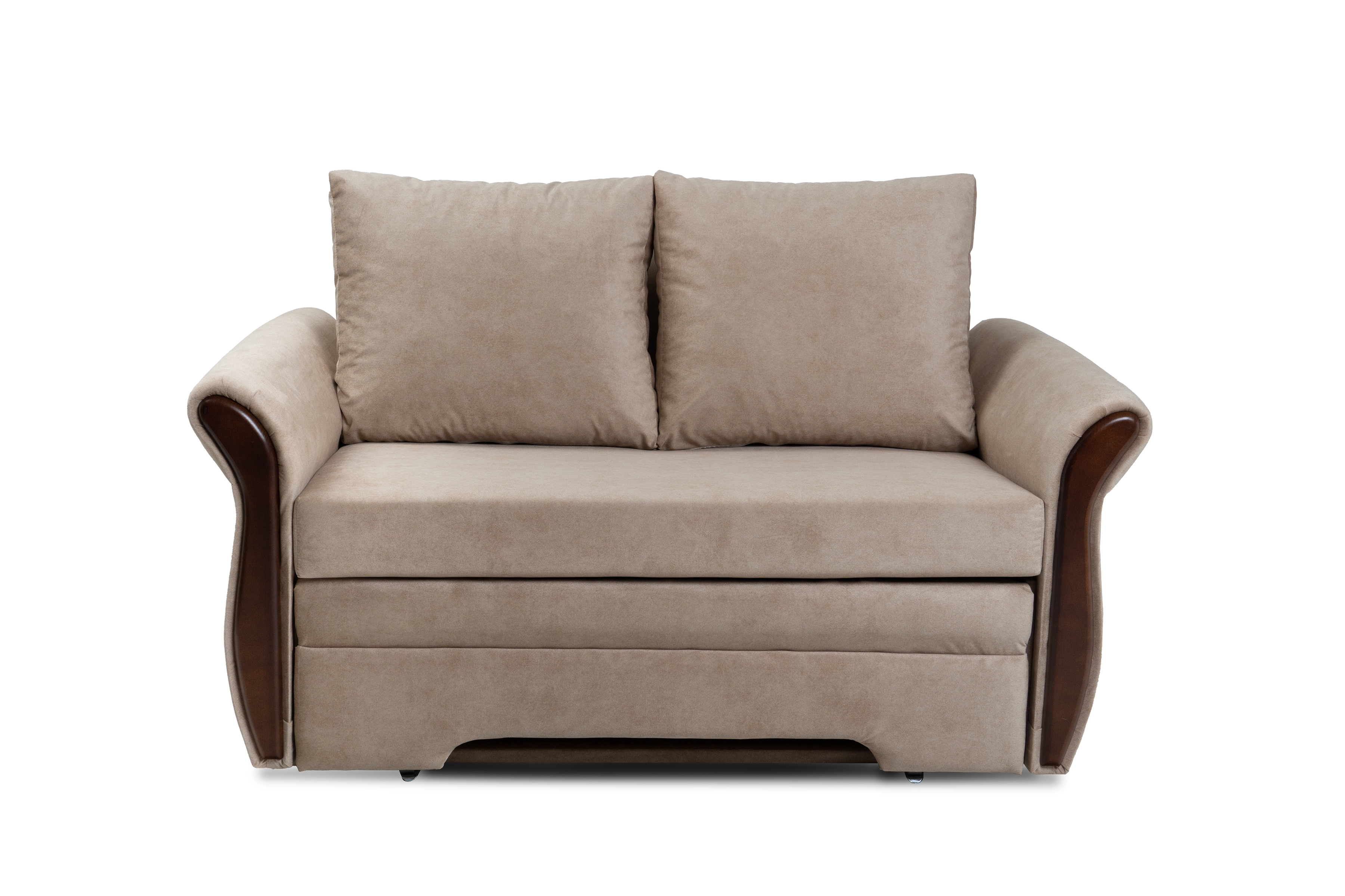 Rozkladacia dvojpohovka Arlita s úložným priestorom - béžový menčester Zetta 292 / orech Pohovka rozkladana pre 2 osoby s úložným priestorom Arlita - béžový welwet ľahkočistiaci Zetta 292 / sredni Orech