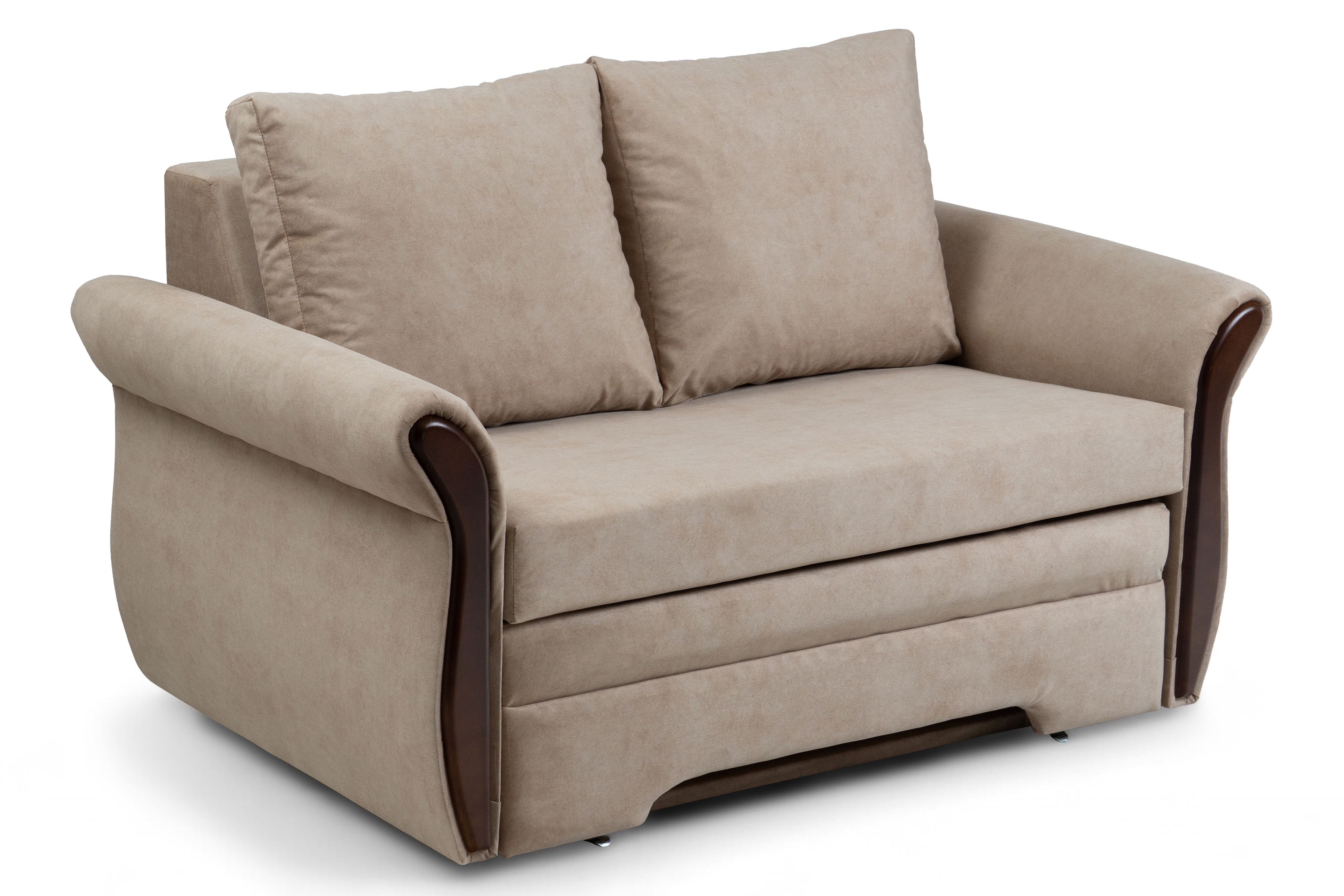 Rozkladacia dvojpohovka Arlita s úložným priestorom - béžový menčester Zetta 292 / orech Pohovka rozkladana pre 2 osoby s úložným priestorom Arlita - béžový welwet ľahkočistiaci Zetta 292 / sredni Orech