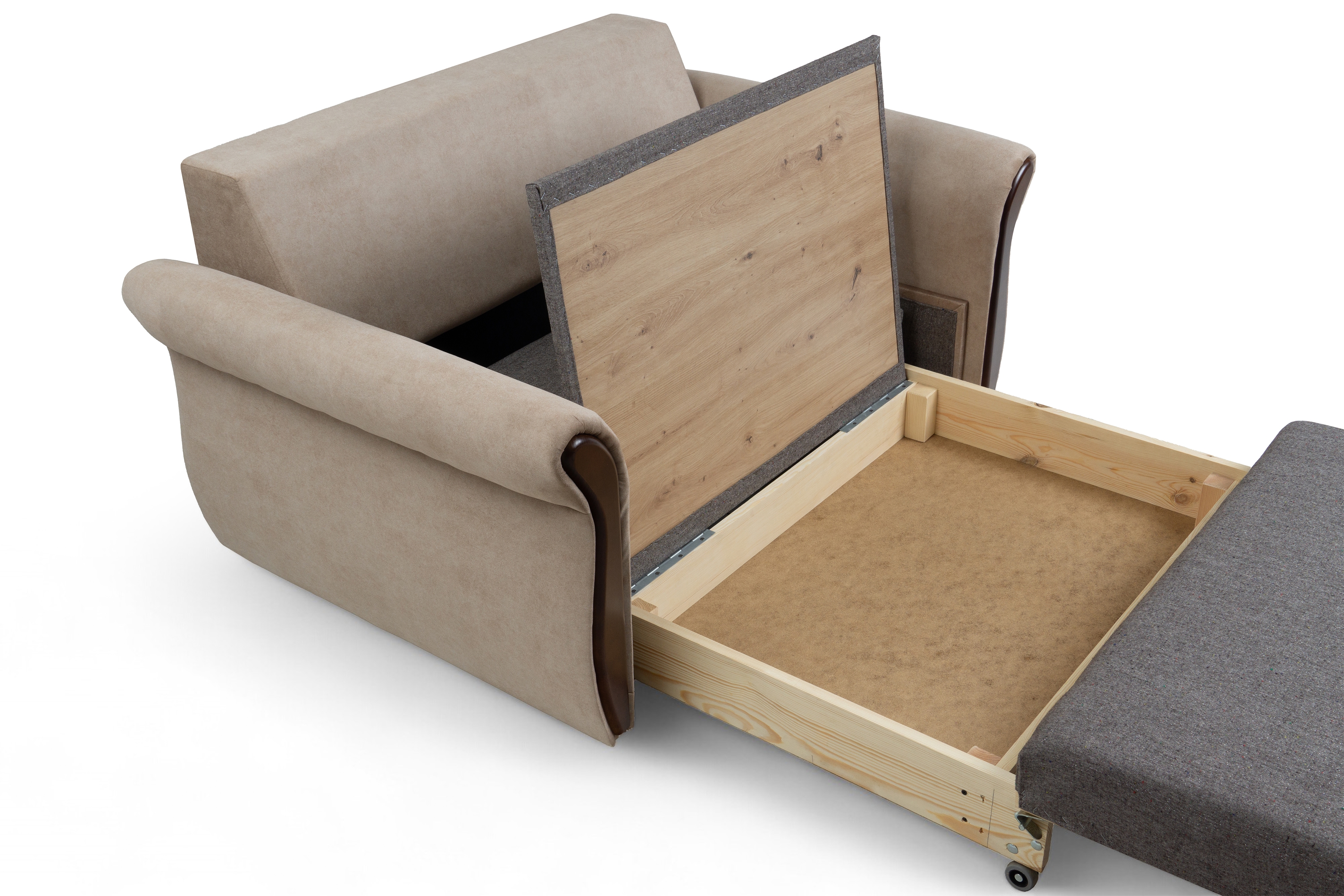 Rozkladacia dvojpohovka Arlita s úložným priestorom - béžový menčester Zetta 292 / orech Pohovka rozkladana pre 2 osoby s úložným priestorom Arlita - béžový welwet ľahkočistiaci Zetta 292 / sredni Orech