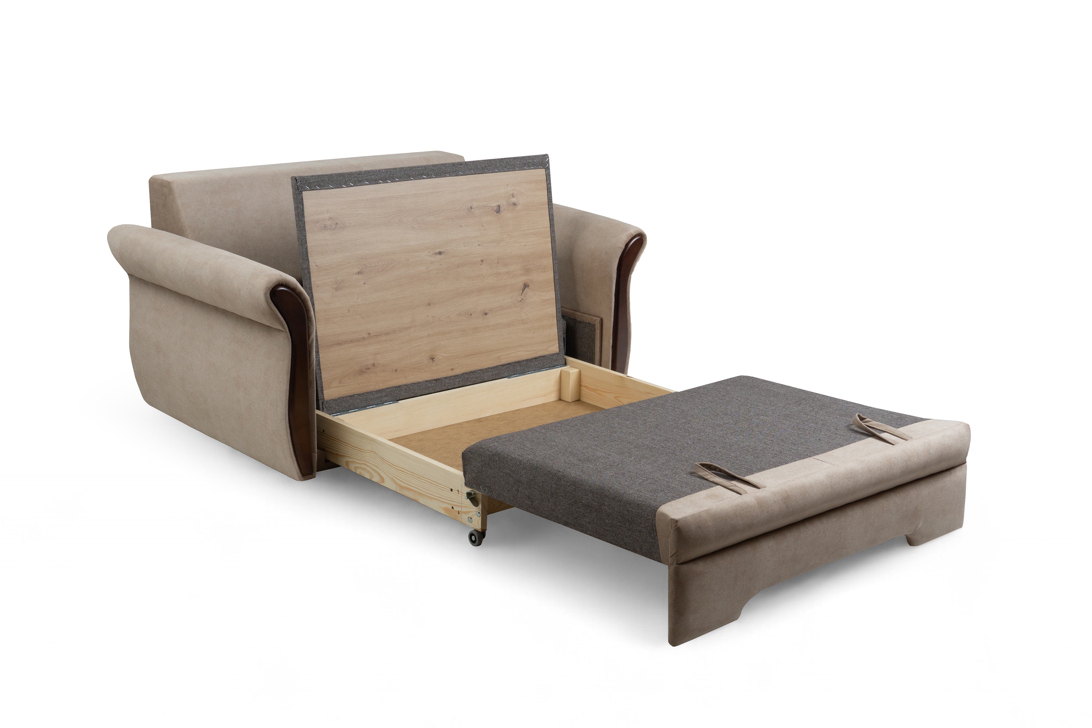 Rozkladacia dvojpohovka Arlita s úložným priestorom - béžový menčester Zetta 292 / orech Pohovka rozkladana pre 2 osoby s úložným priestorom Arlita - béžový welwet ľahkočistiaci Zetta 292 / sredni Orech