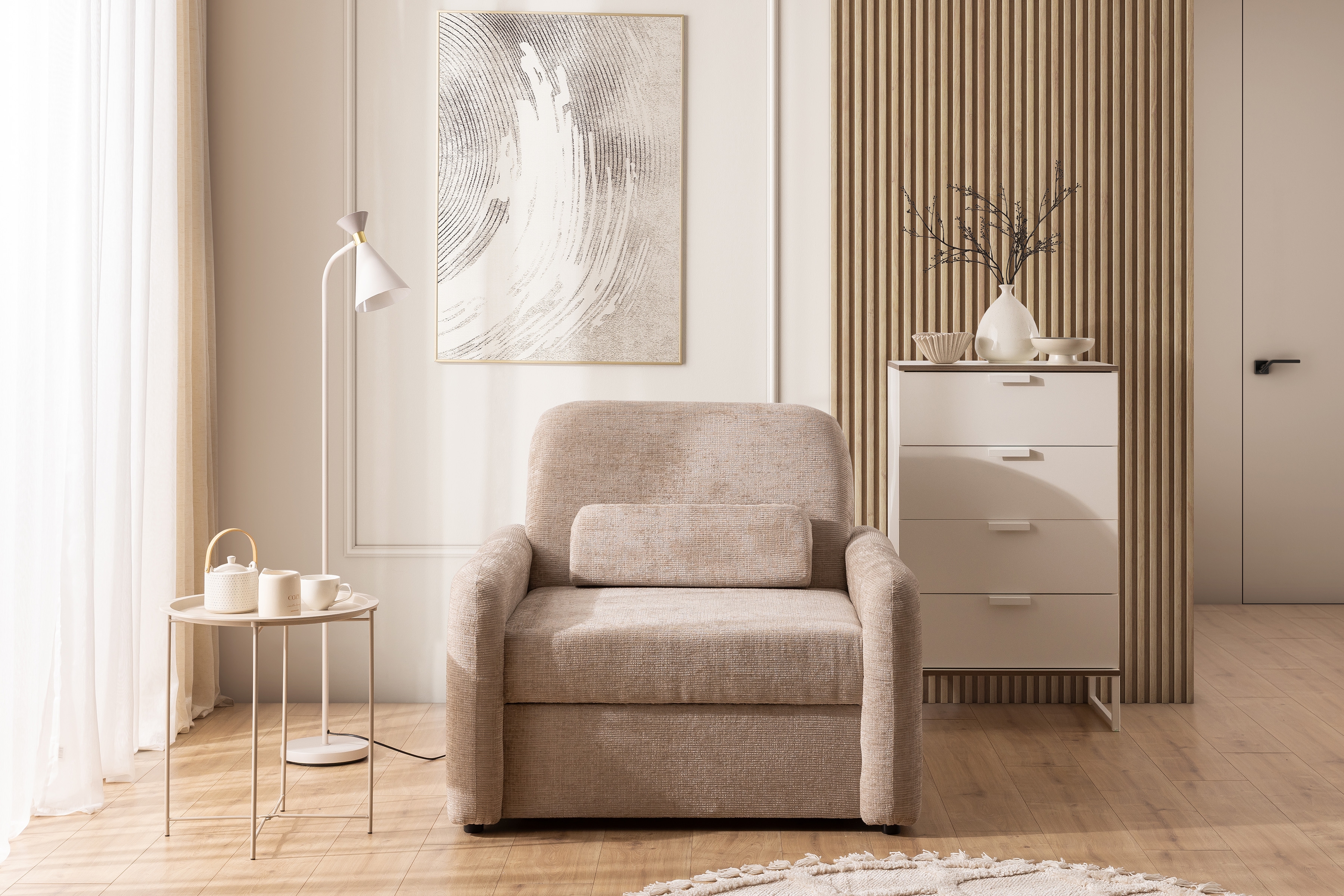 Jednomístná rozkládací pohovka Masilio - béžová Sierra 744 Pohovka rozkladana Masilio - béžová šenil Sierra 744