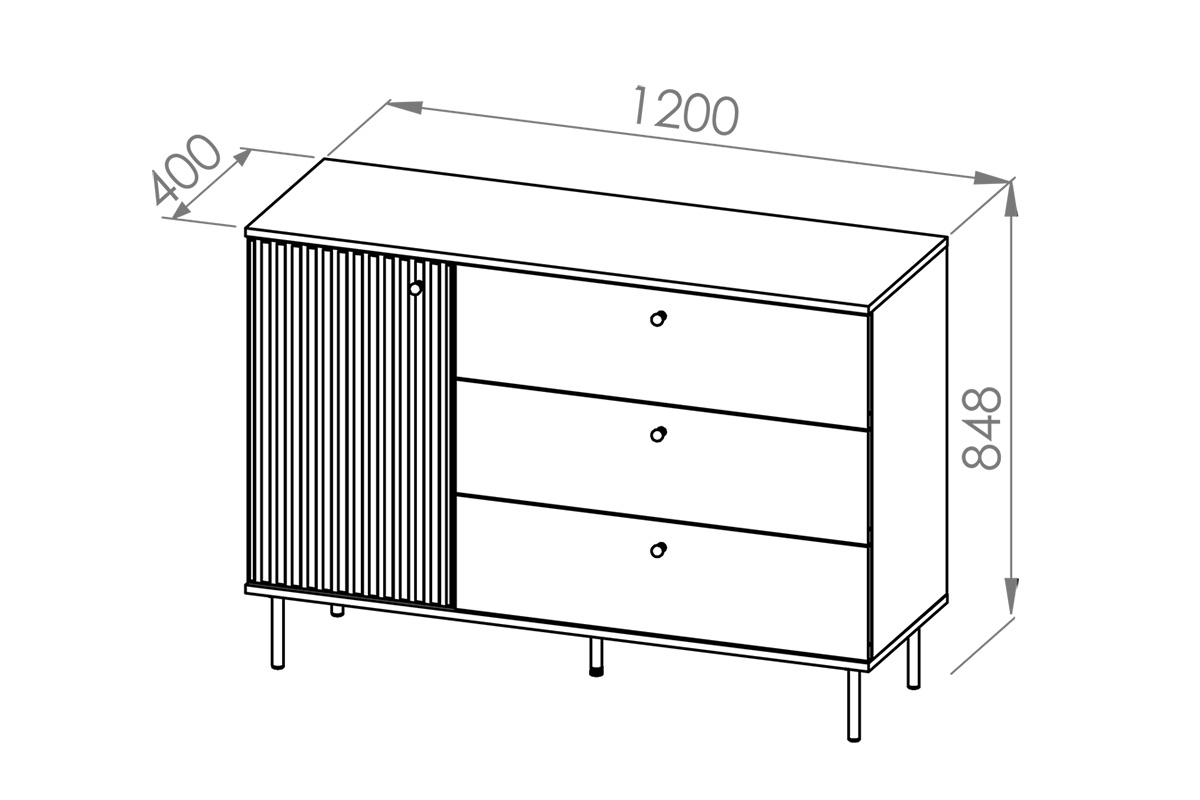 Komoda so zásuvkami Jamuzi 120 cm - kašmír / čierne nožičky Komoda jednodverová so zásuvkami Sophie 05 s frézovaným frontom - kašmír / čierny nozki - Rozmery