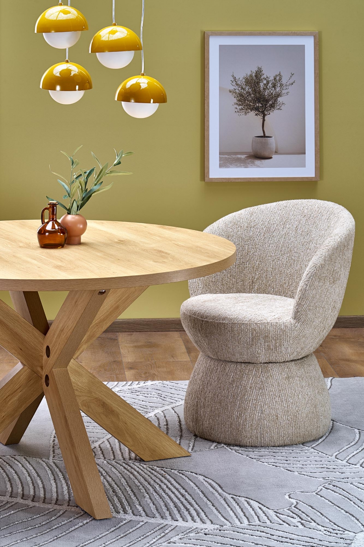 Okrúhly jedálenský set Orleno + 3 čalúnené stoličky Iverto – dub prírodný / béžová látka Stôl okragly Orleno s tromi tapicerowanymi krzeslami Iverto - Dub prírodné / béžový 