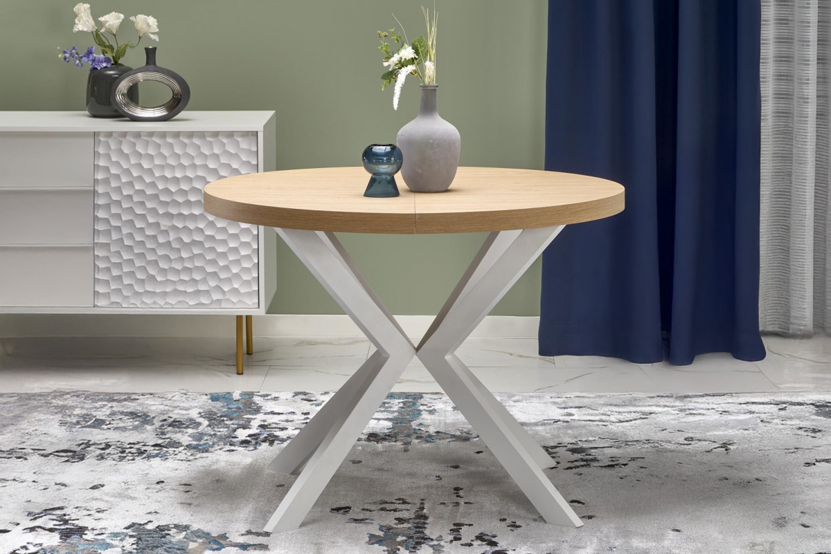 Okrúhly rozkladací stôl Peroni 100-250x100 cm - dub zlatý / biela Stôl okragly Peroni rozkladany 100-250 cm - Dub zlaté / biale nožičky