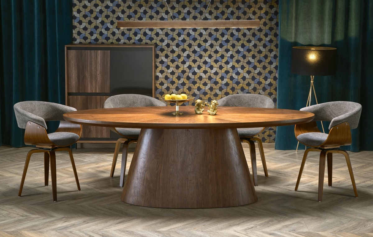 Oválny jedálenský set Lunver + 4 čalúnené stoličky Fioren – orech / sivý šenil Aragon 97 / orechové nožičky Stôl owalny Lunver z czterema krzeslami tapicerowanymi Fioren - Orech / Popolový šenil Aragon 97 / Orech 