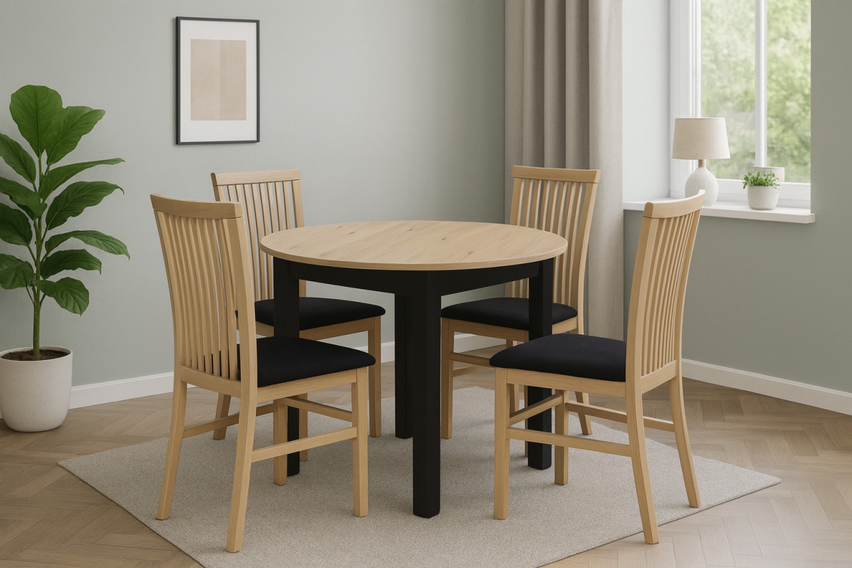 Rozkladací jedálenský stôl Neryt 102-142x102 cm - dub artisan / čierna Stôl rozkladany Neryt 102-142x102 cm okrúhly- Dub artisan / Čierny